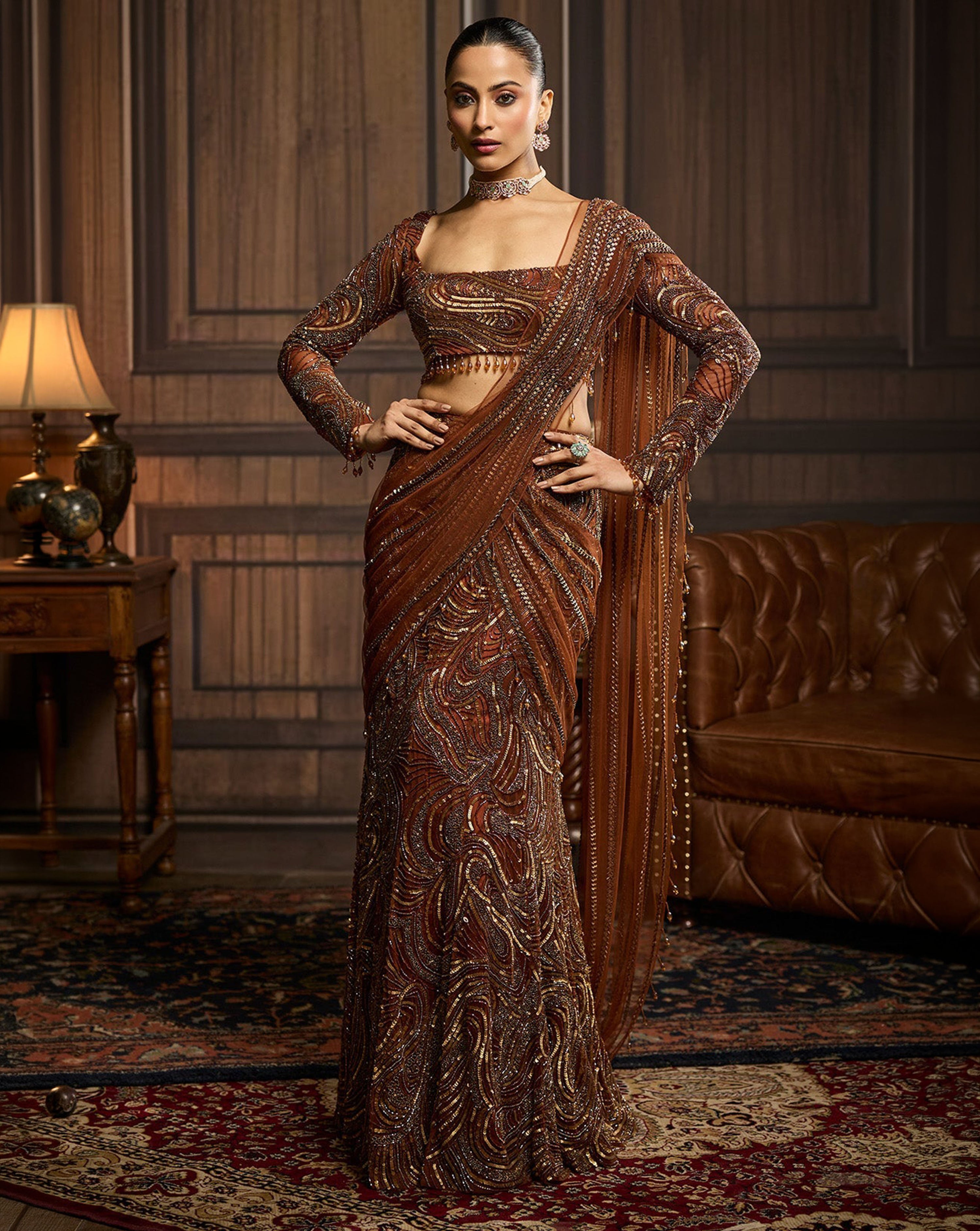 Metallic Gold Embellished Skirt Saree Set