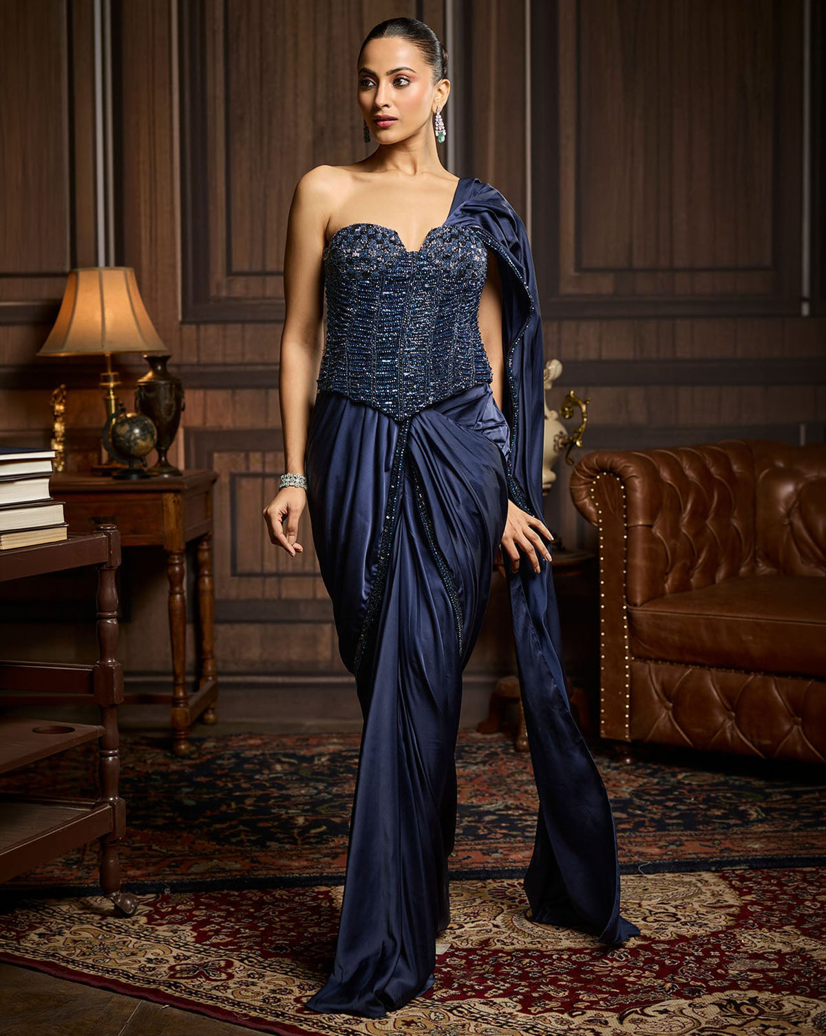 Midnight Blue Embellished Corset And Solid Draped Dhoti Saree Set
