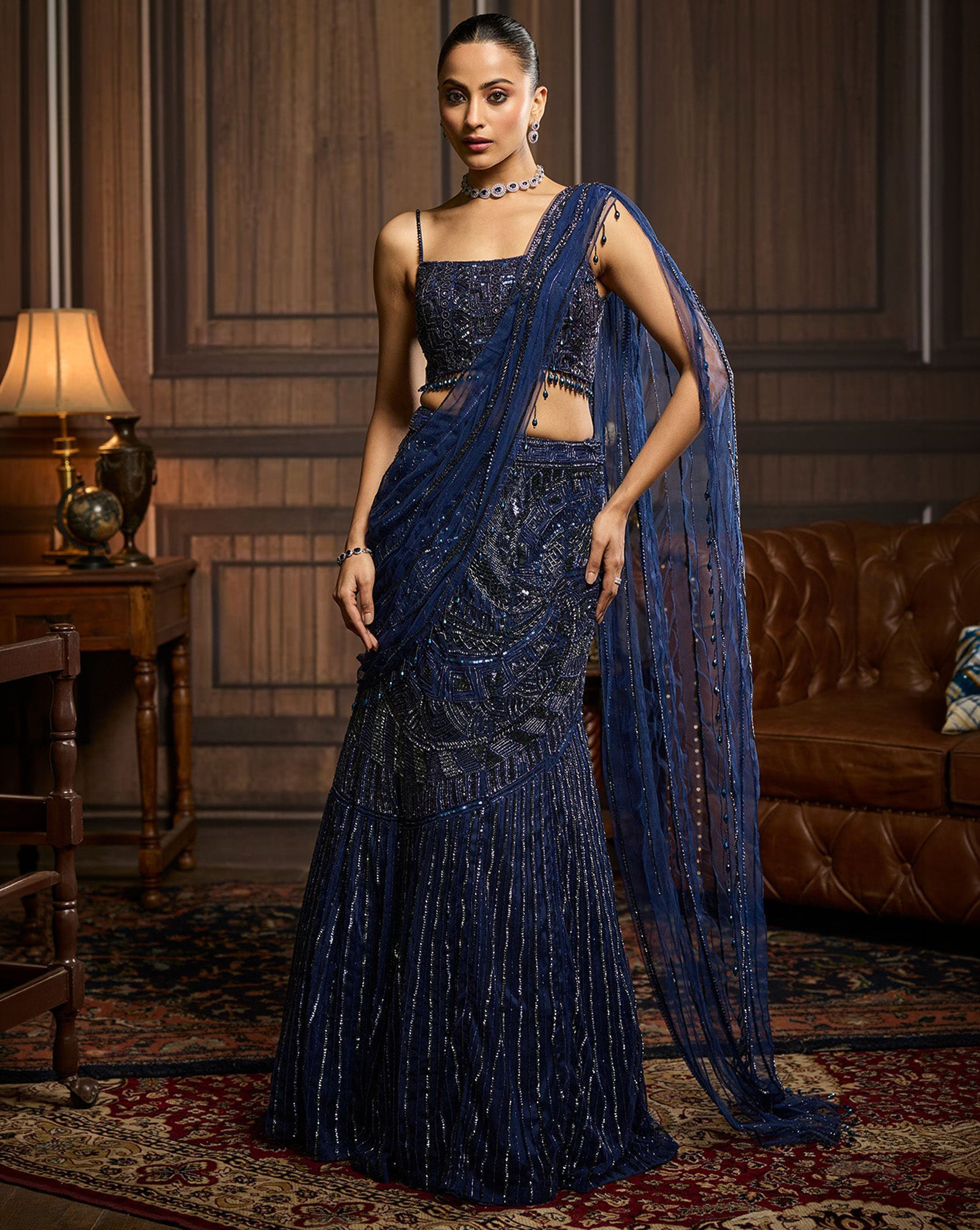 Midnight Blue Embellished Pre-Drapedskirt Saree Set