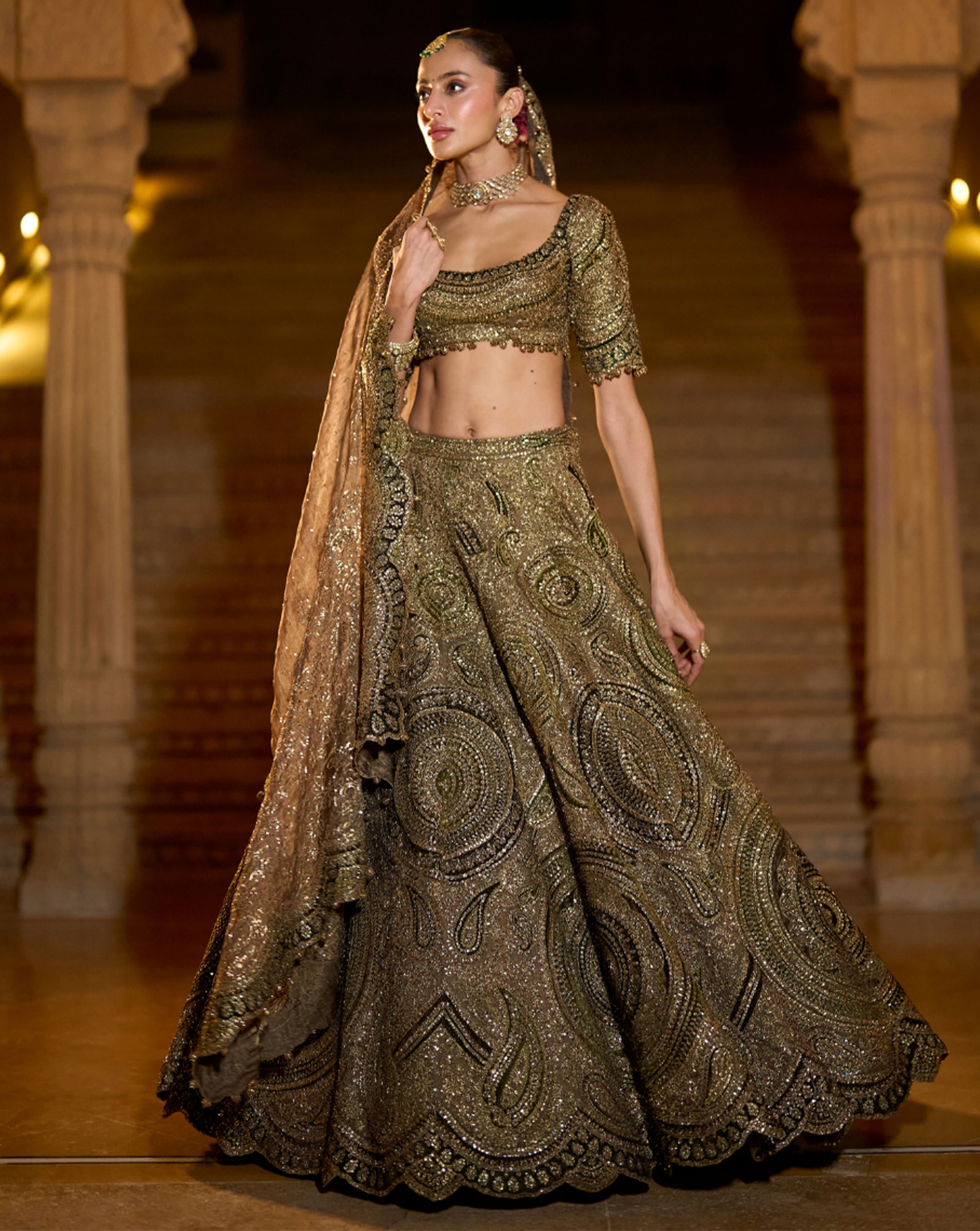 Moss Green Applique Lehenga Set