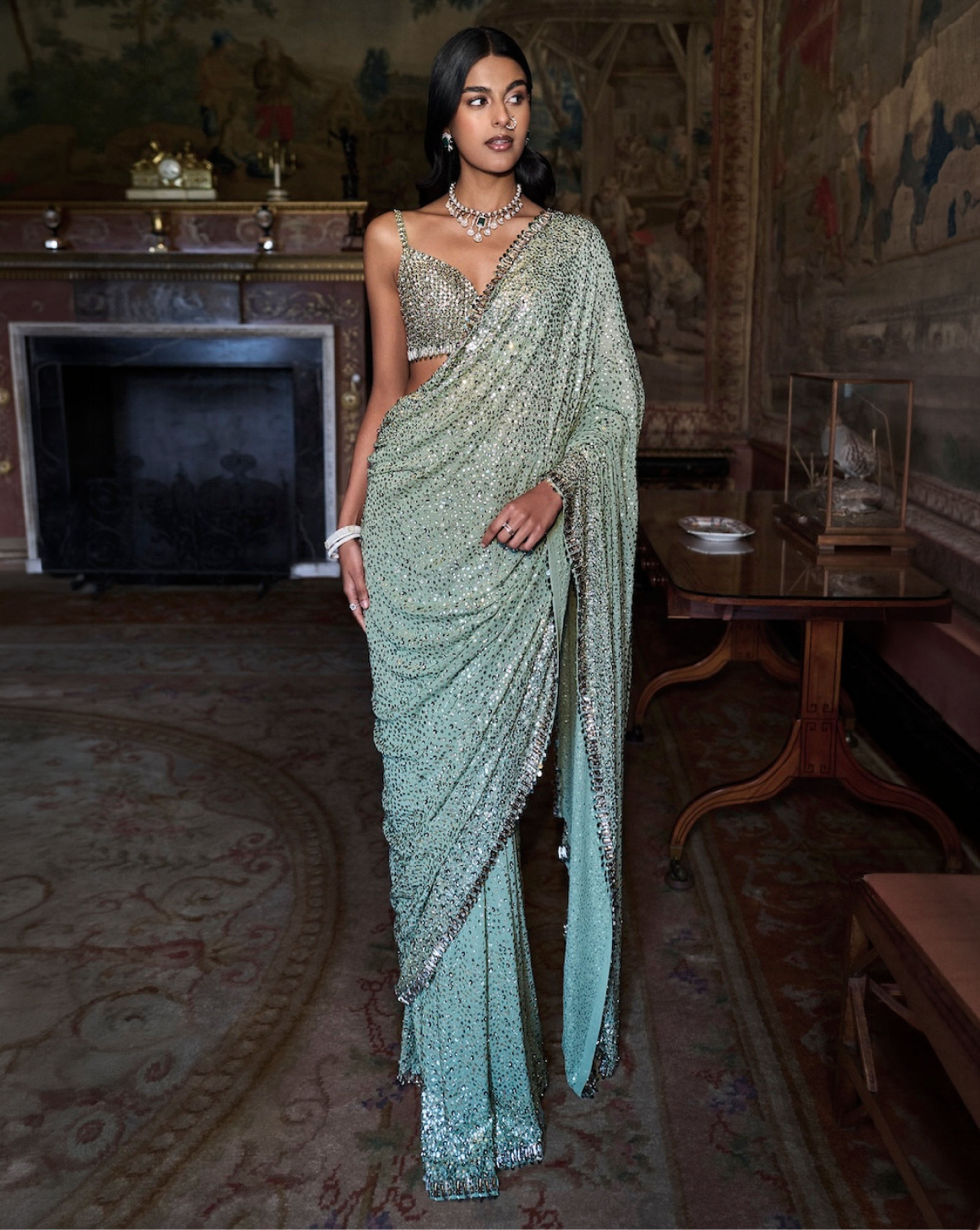 Moss Green Sequin Saree