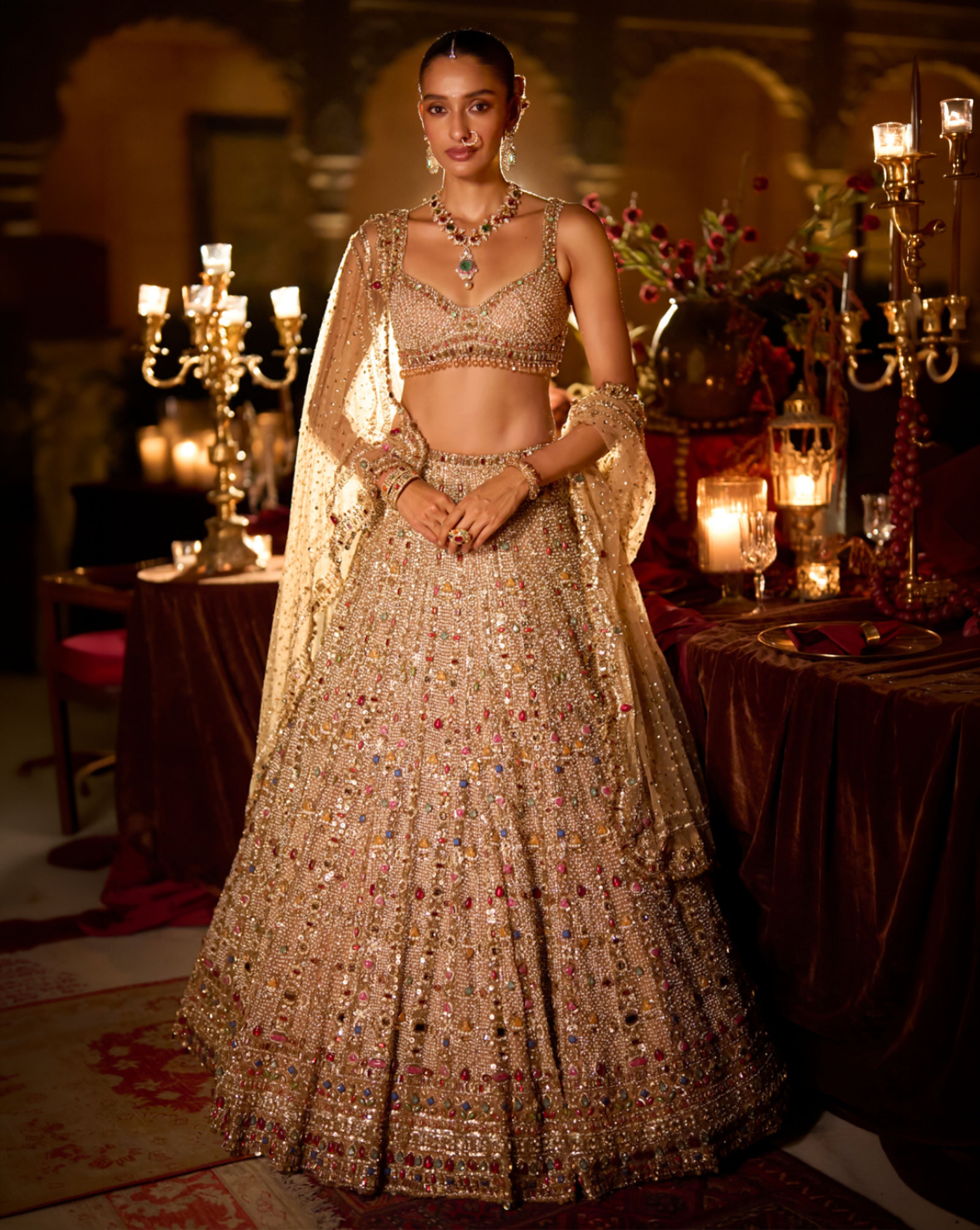 Multi-Coloured Stone & Pearl Lehenga Set