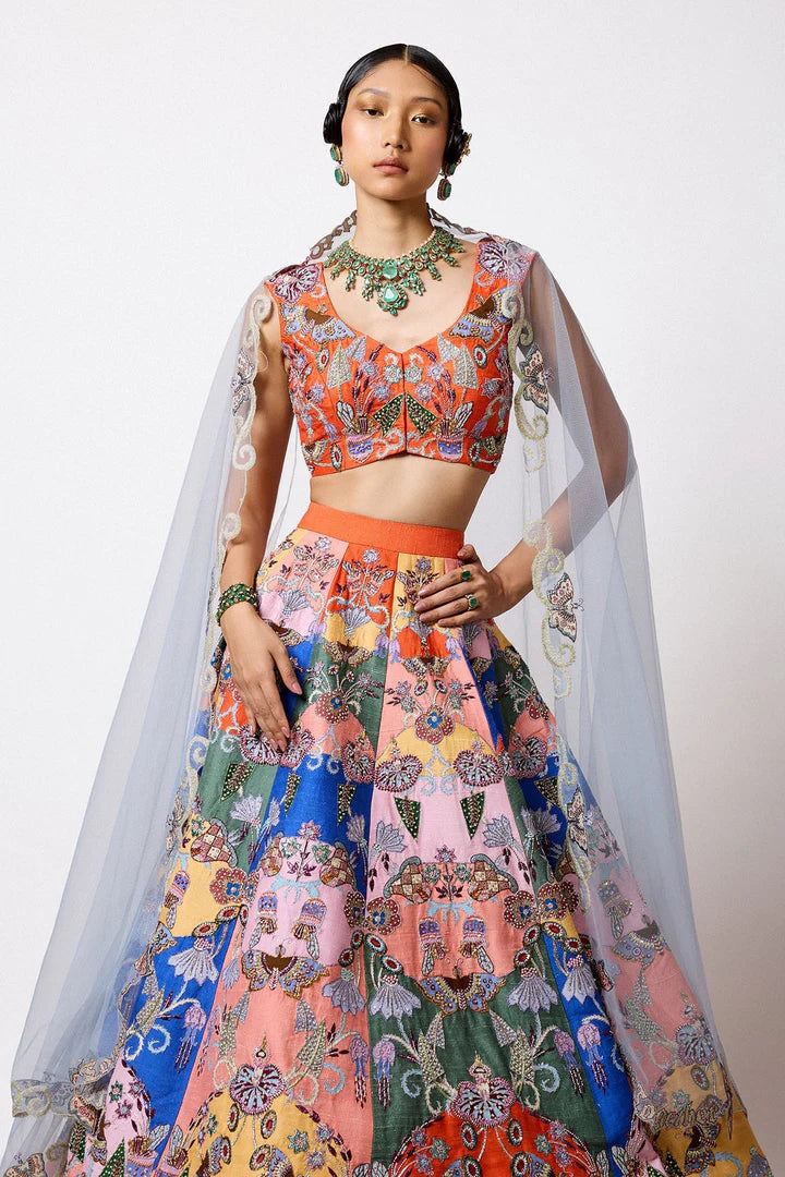 Prismara - Multicolour Kasab Satin Lehenga - Ready to Ship