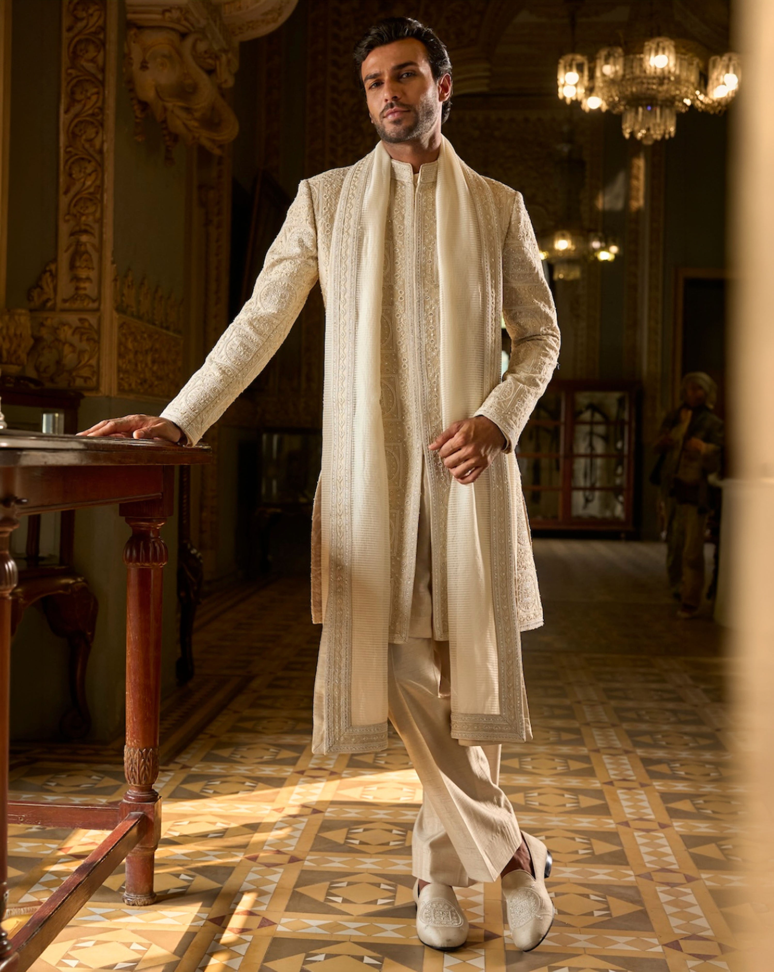 Nude Geometric Sherwani Set