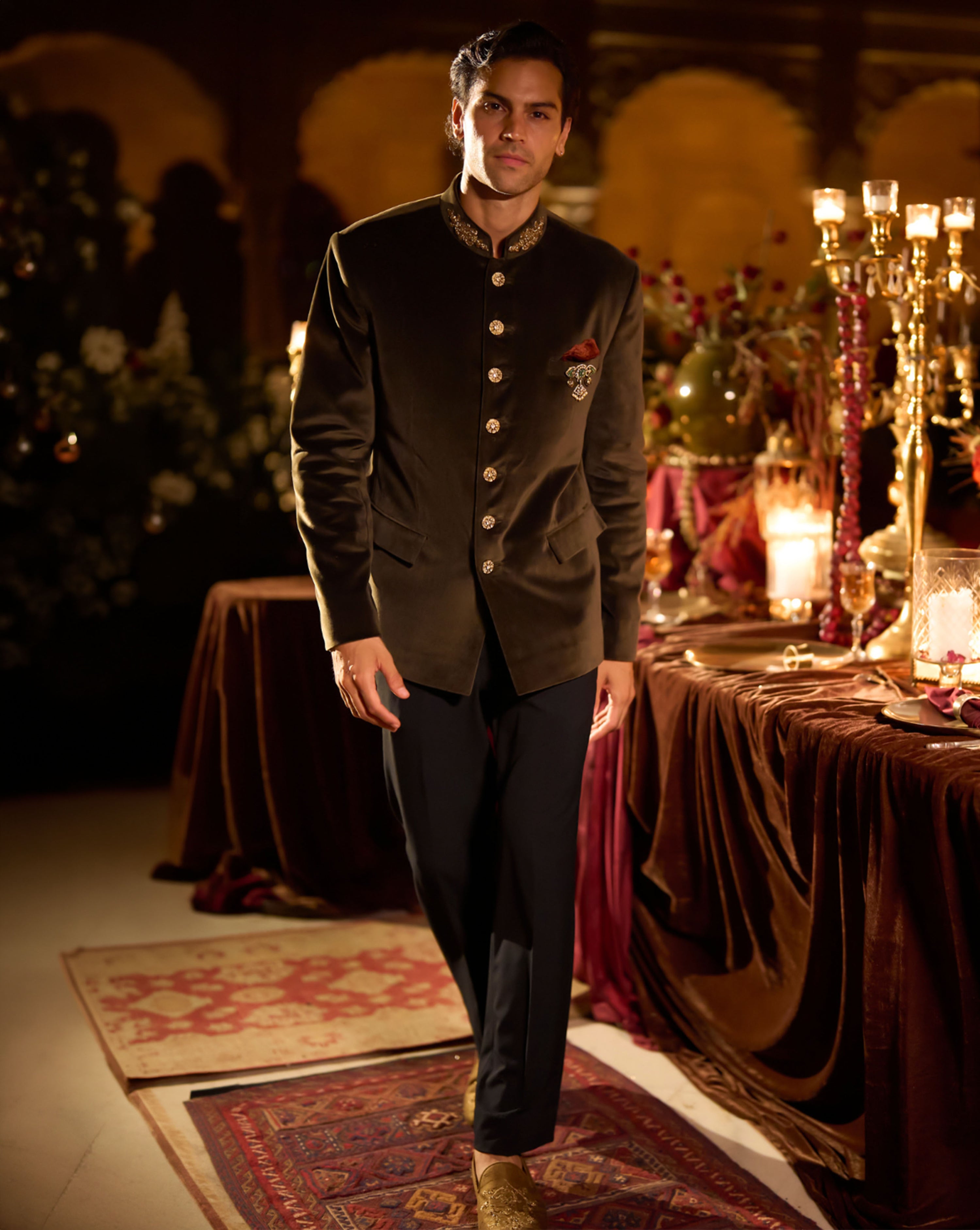 Olive Green Velvet Bandhgala Set
