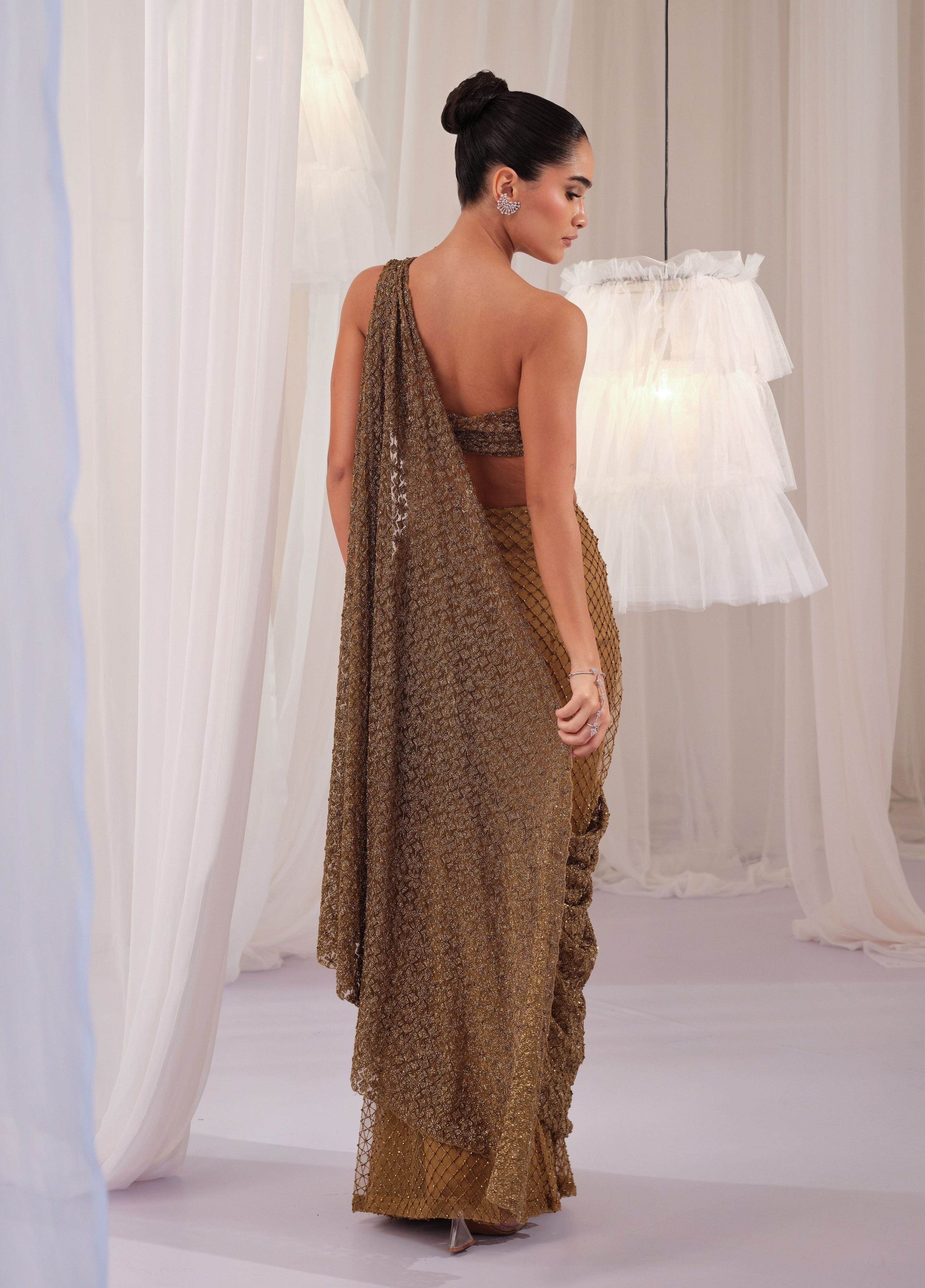 Olive Gold Draped Saree With Blouse