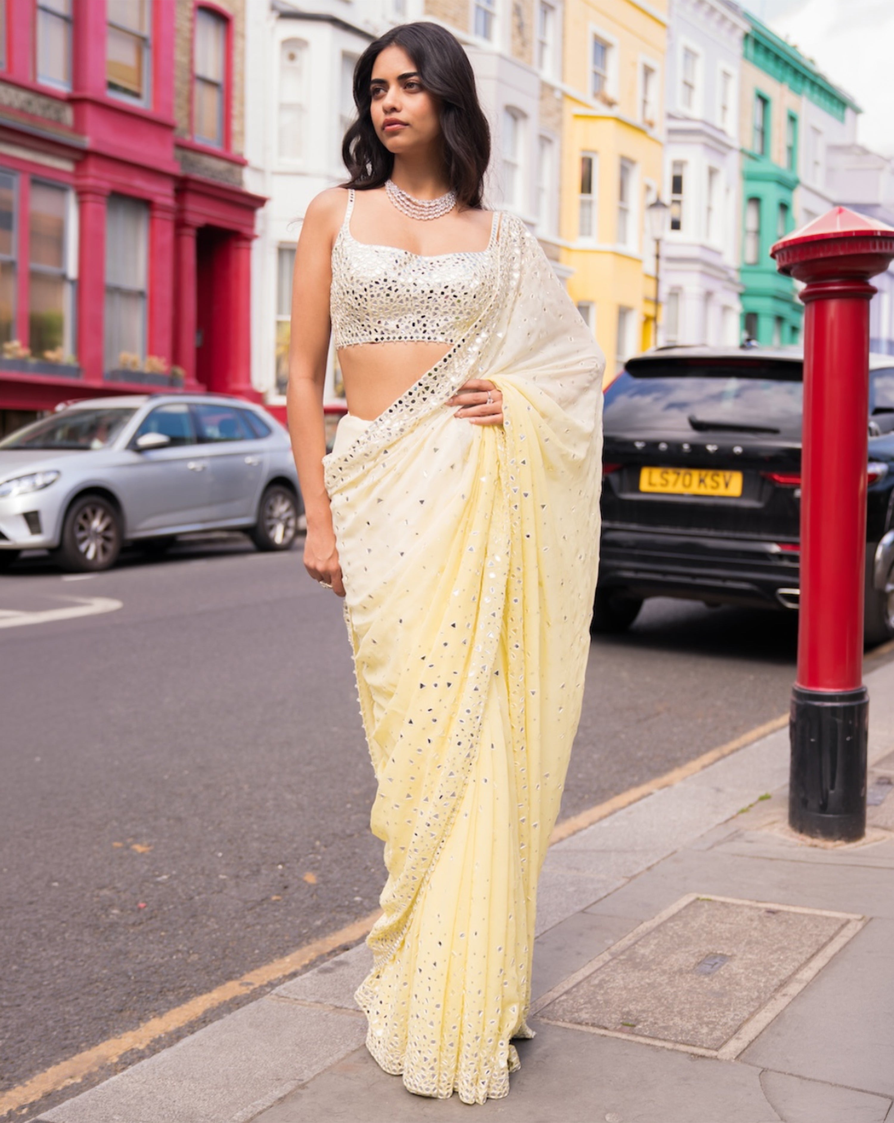 Ombré Lemon Mirror Work Saree