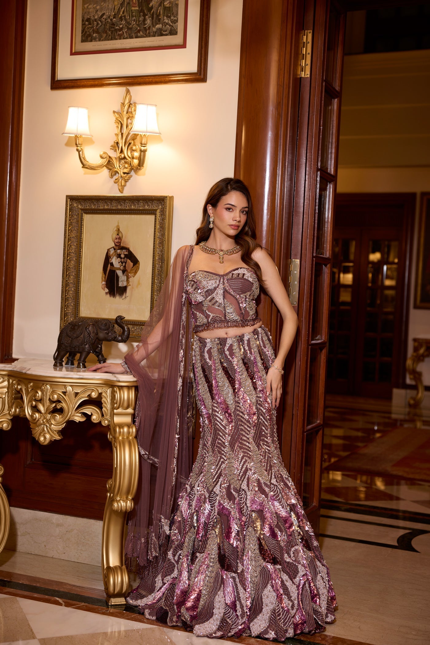Deep Plum And Silver Cassia Fishcut Lehenga Set