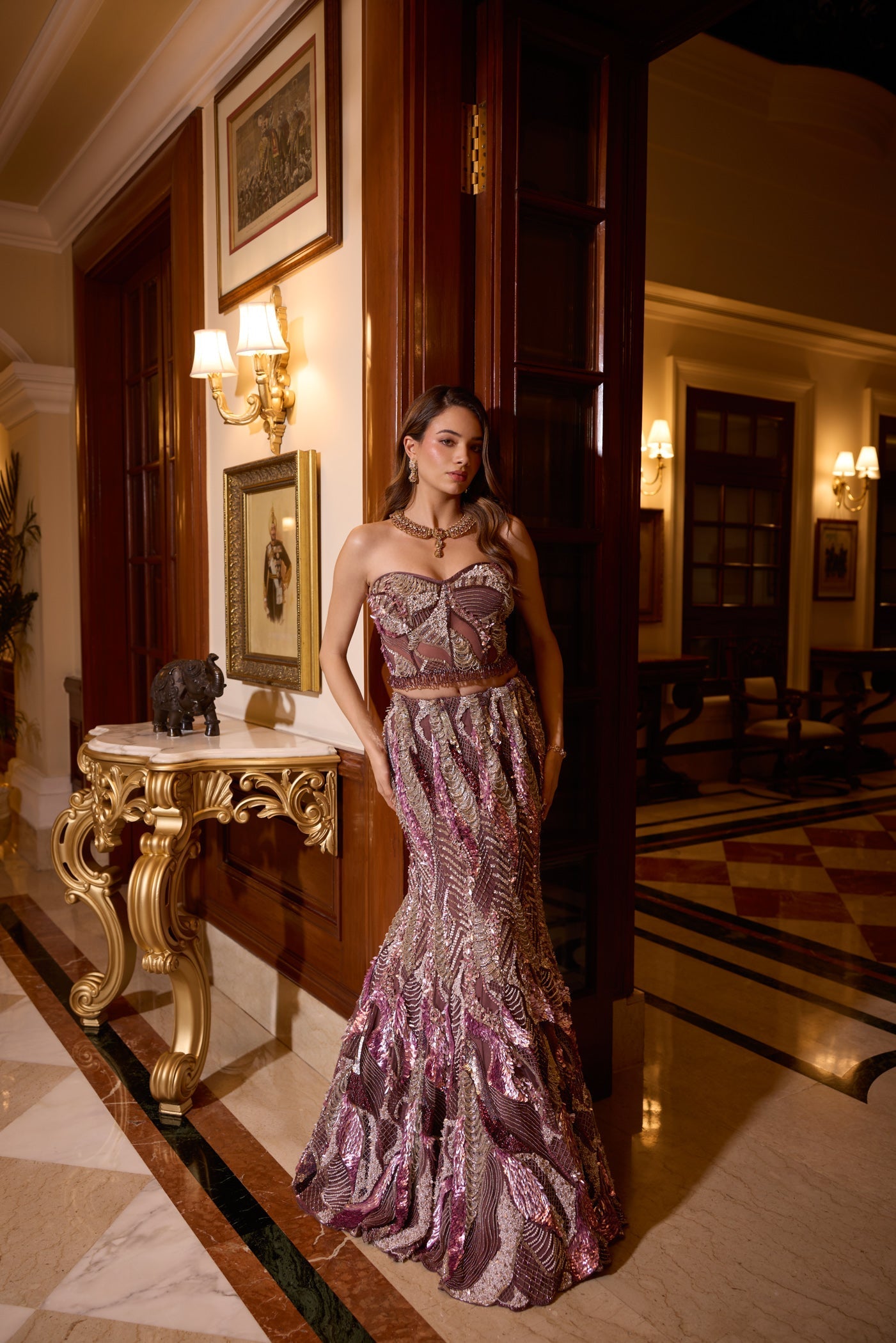 Deep Plum And Silver Cassia Fishcut Lehenga Set