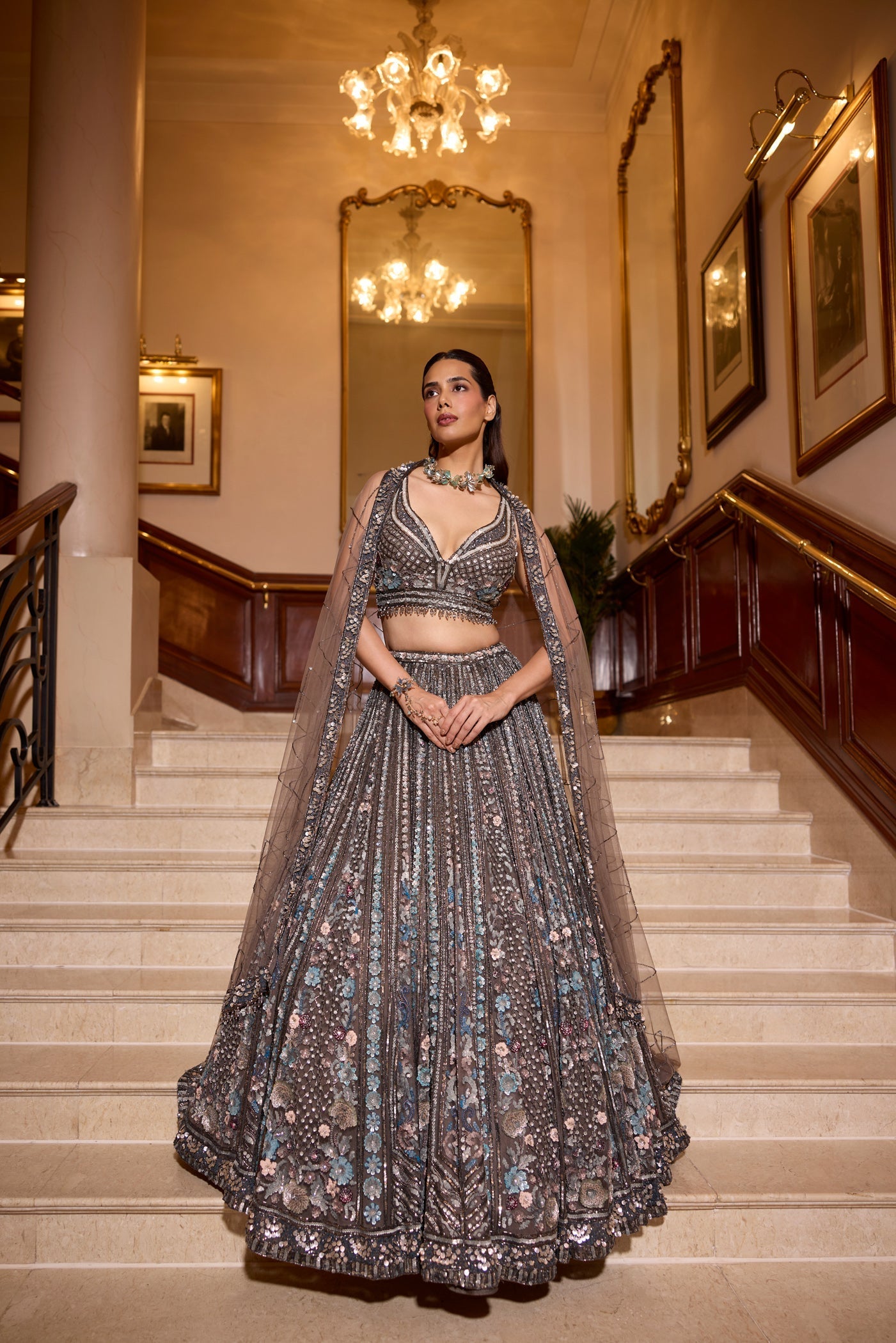 Charcoal Grey Multicolour Detailing Wisteria Lehenga Set