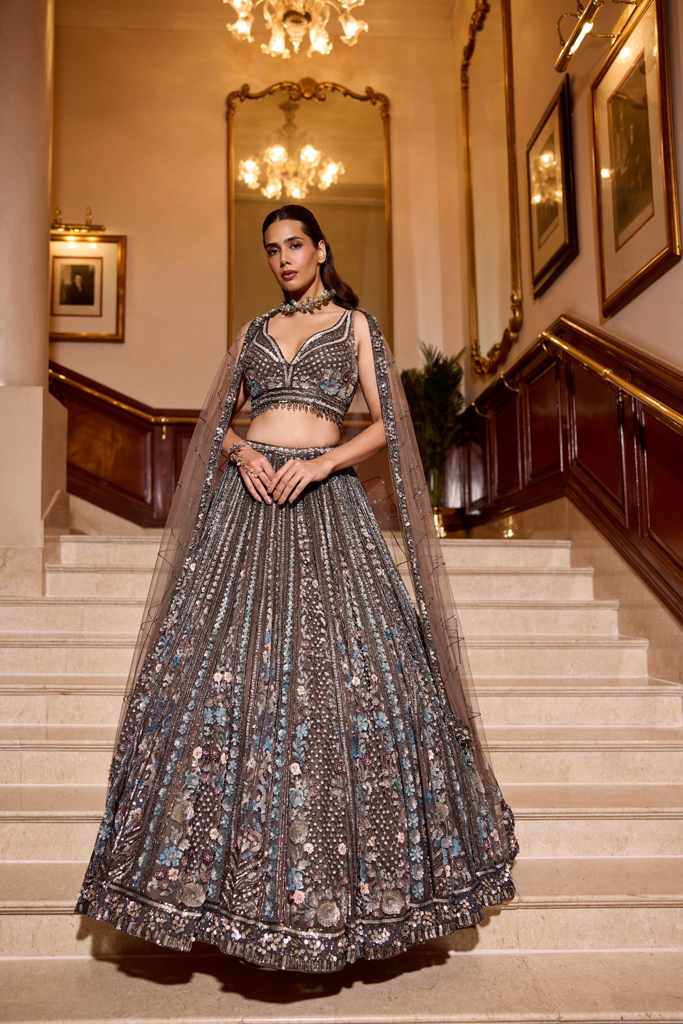 Charcoal Grey Multicolour Detailing Wisteria Lehenga Set