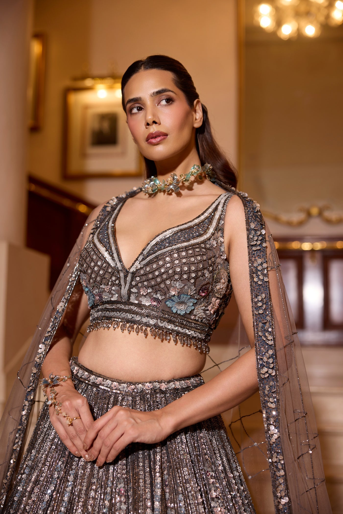 Charcoal Grey Multicolour Detailing Wisteria Lehenga Set