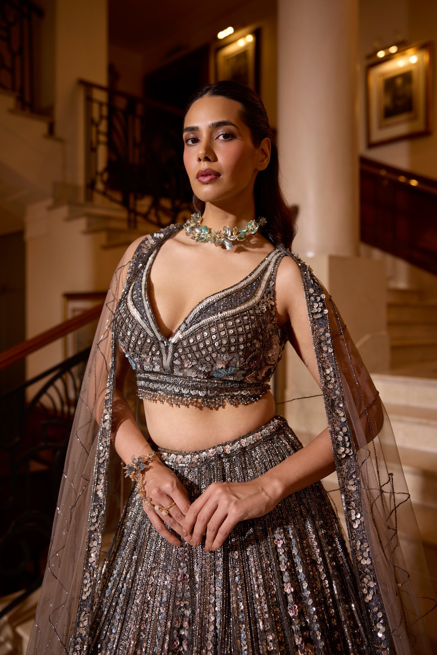 Charcoal Grey Multicolour Detailing Wisteria Lehenga Set