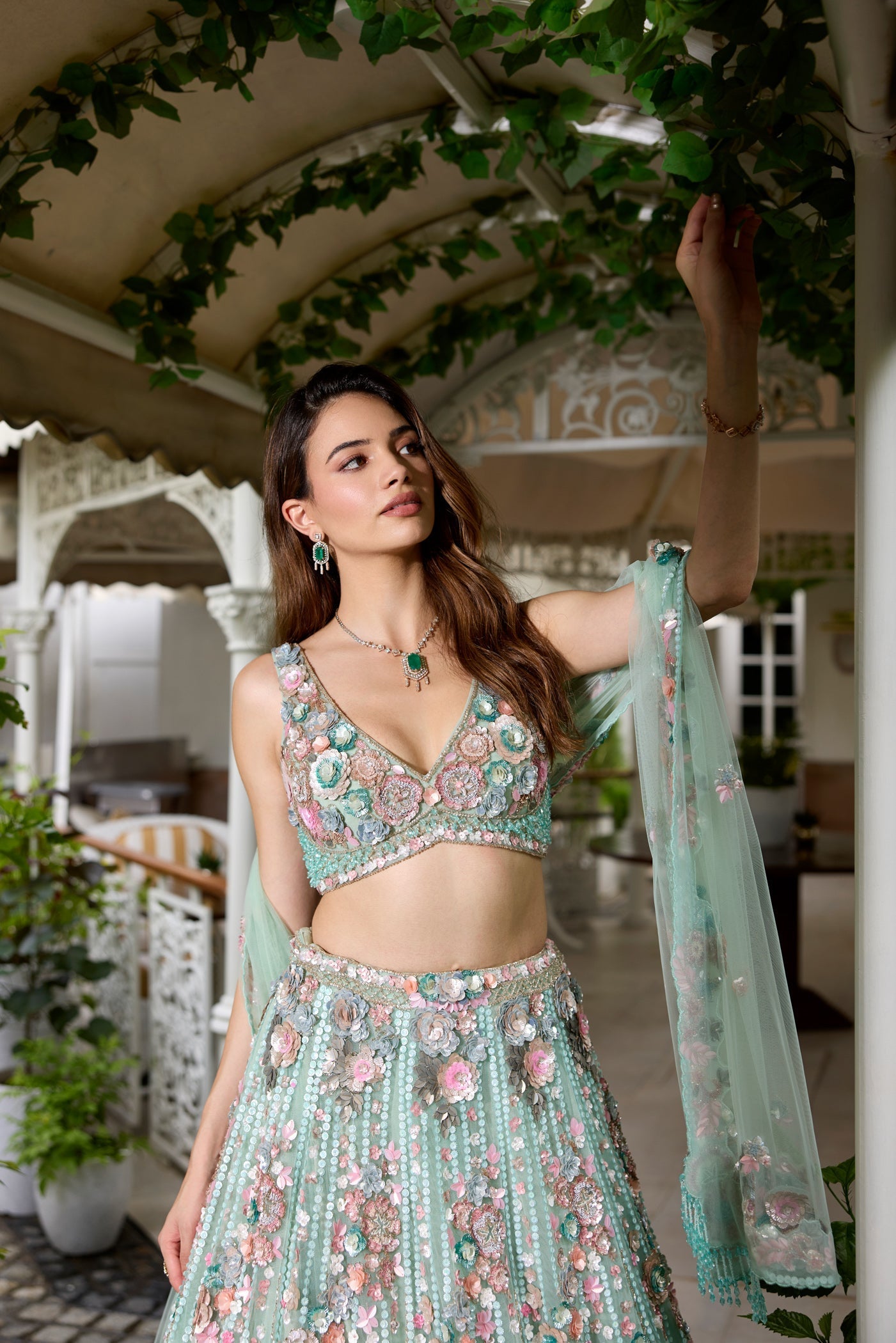 Seafoam Green And Multicolour Wendy Lehenga Set