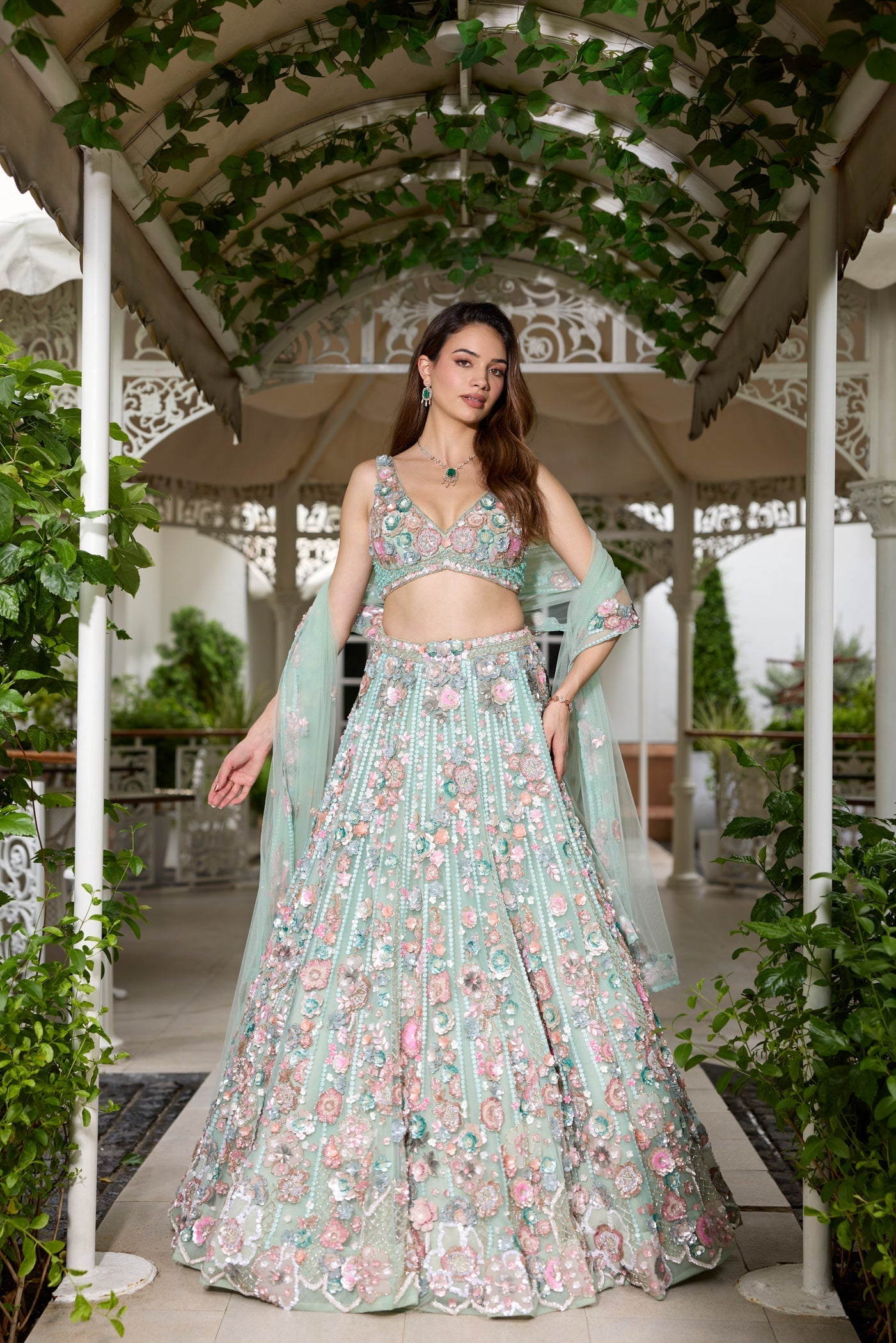 Seafoam Green And Multicolour Wendy Lehenga Set