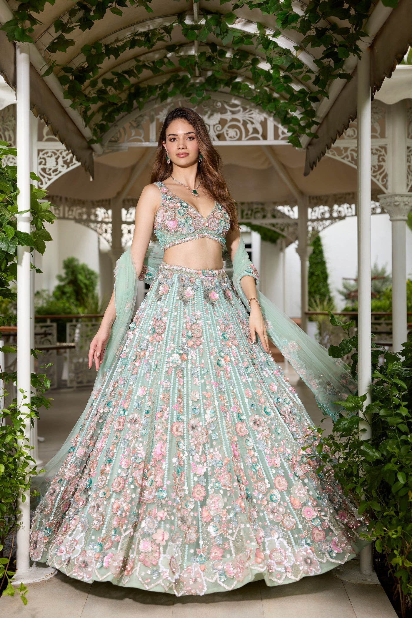 Seafoam Green And Multicolour Wendy Lehenga Set