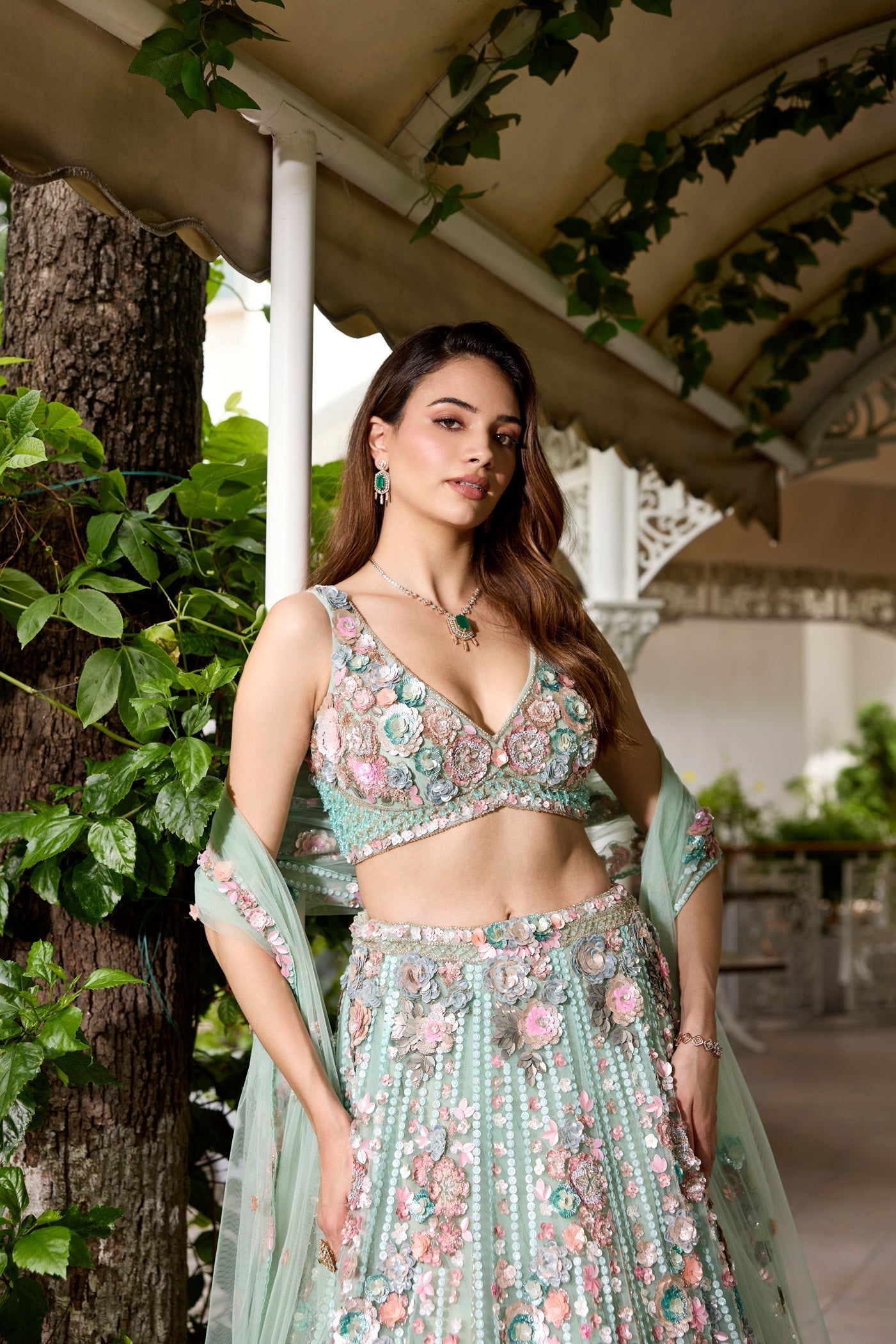 Seafoam Green And Multicolour Wendy Lehenga Set