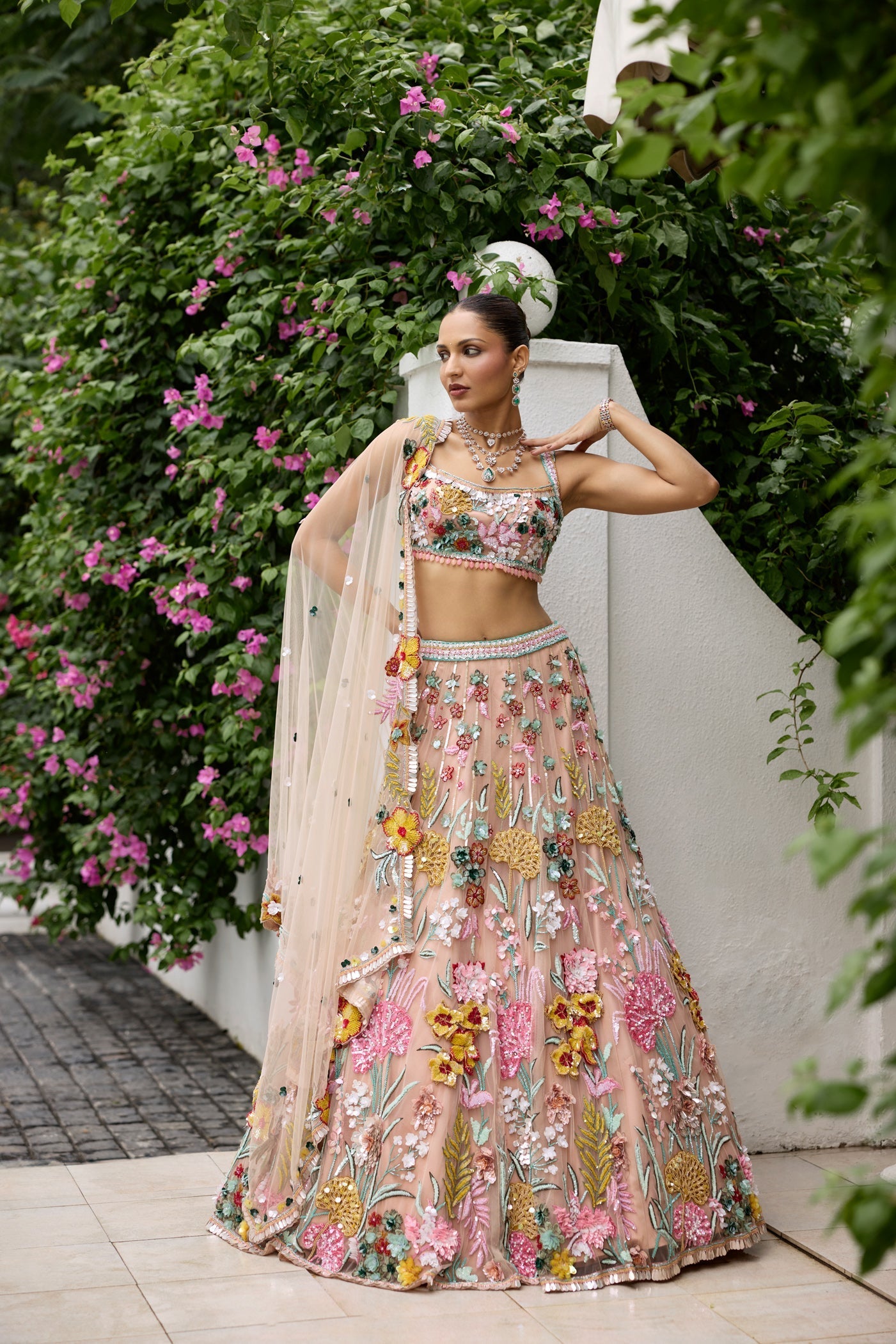 Peach Multicolour 3d Nicole Lehenga Set