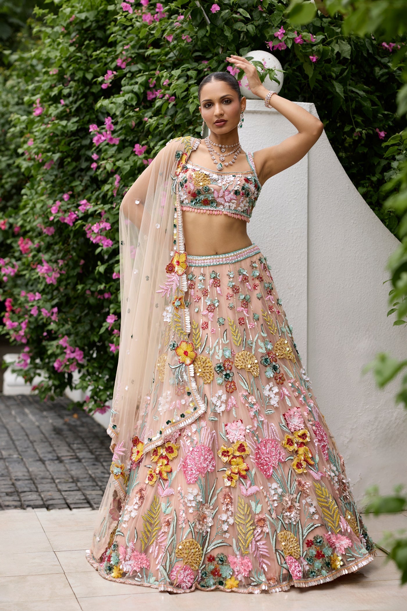 Peach Multicolour 3d Nicole Lehenga Set