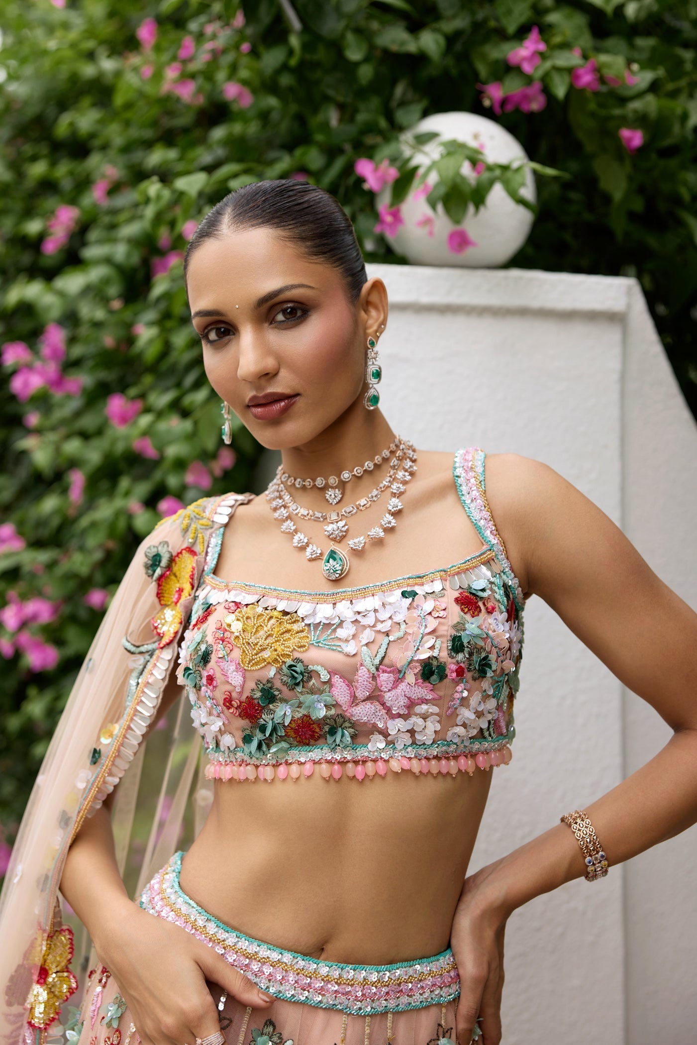 Peach Multicolour 3d Nicole Lehenga Set