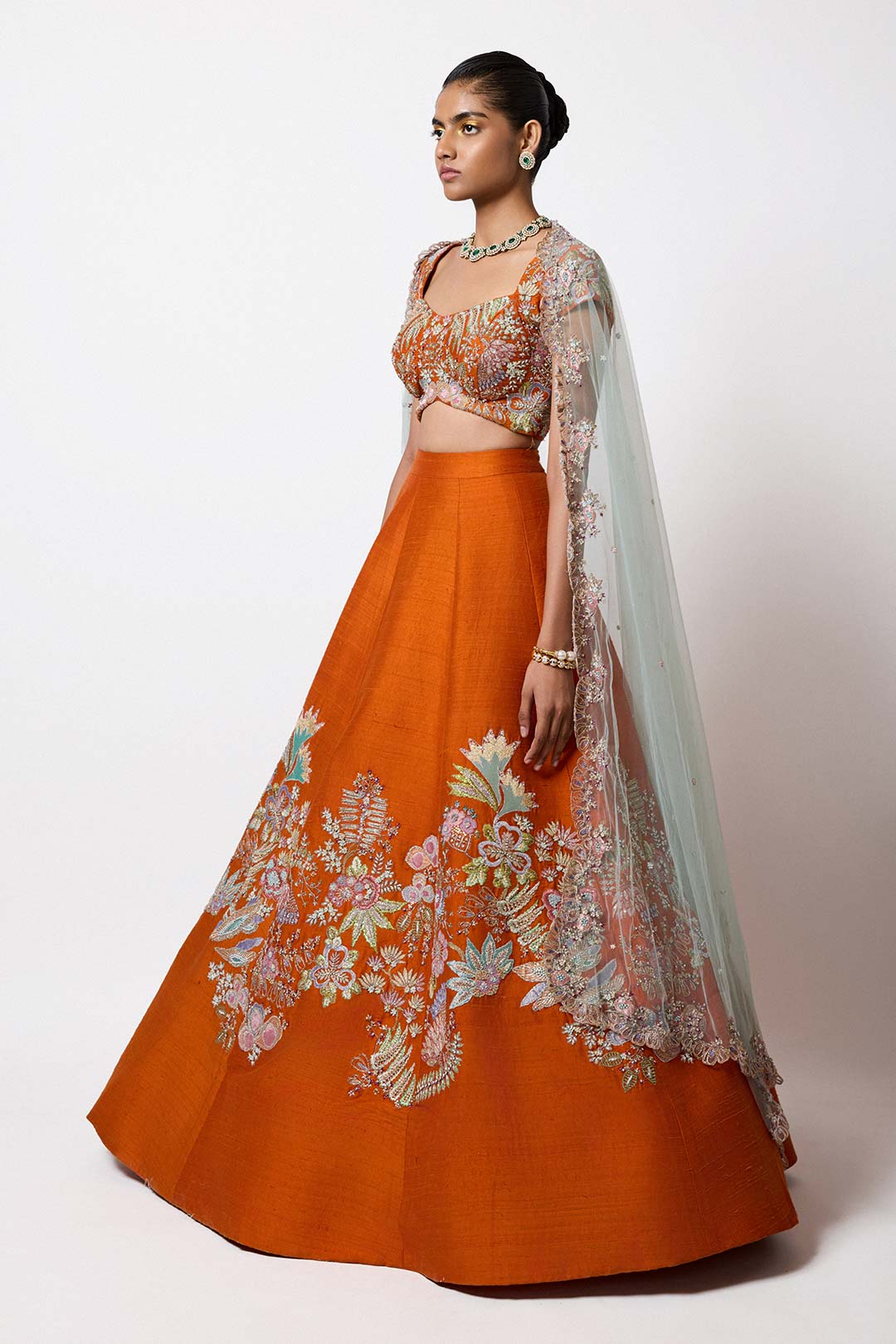 Flambea - Orange Raw Silk Lehenga