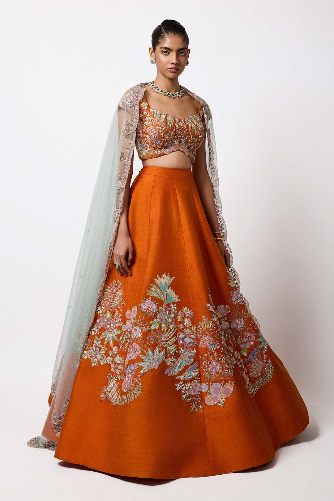 Flambea - Orange Raw Silk Lehenga