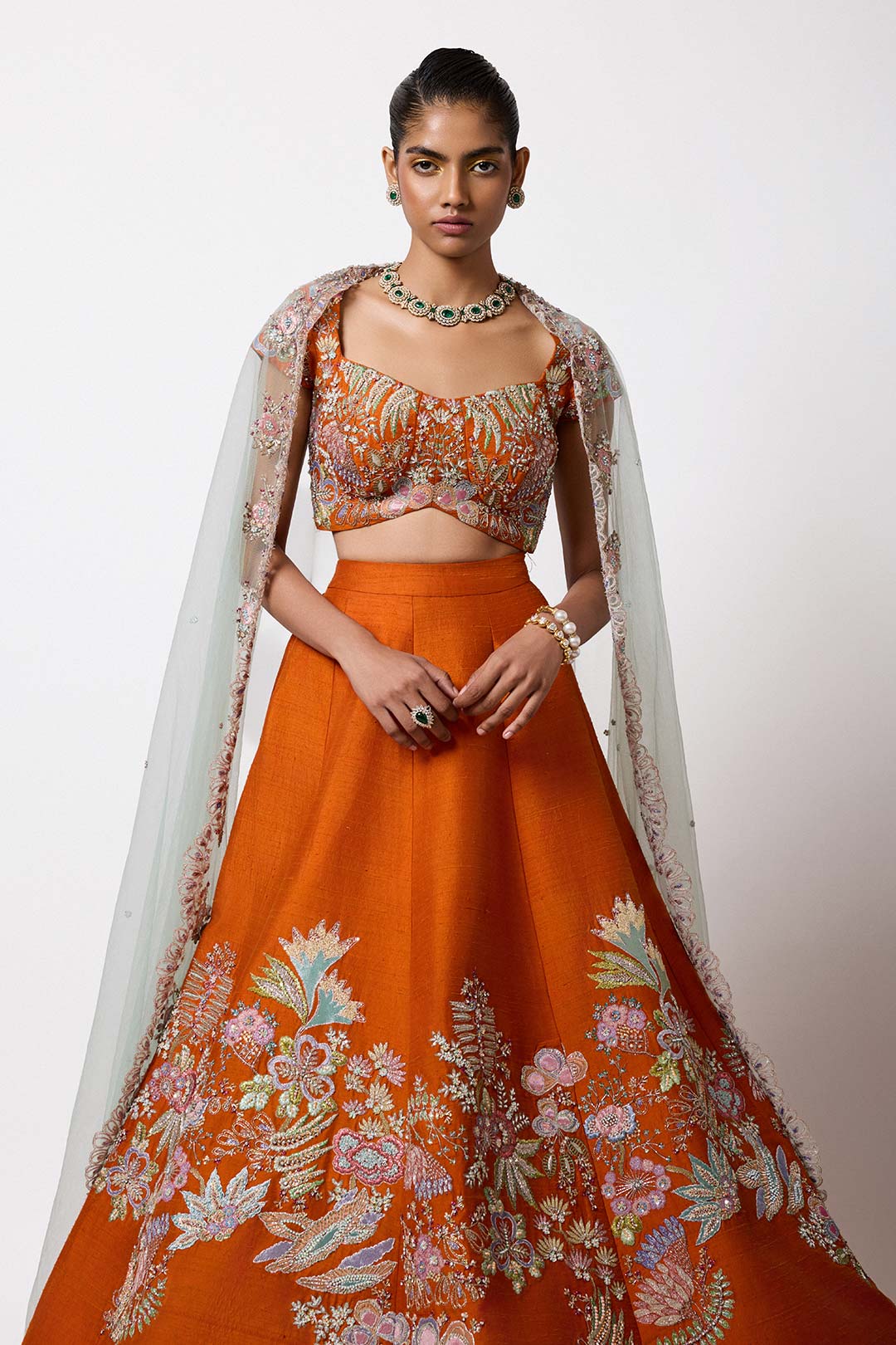 Flambea - Orange Raw Silk Lehenga