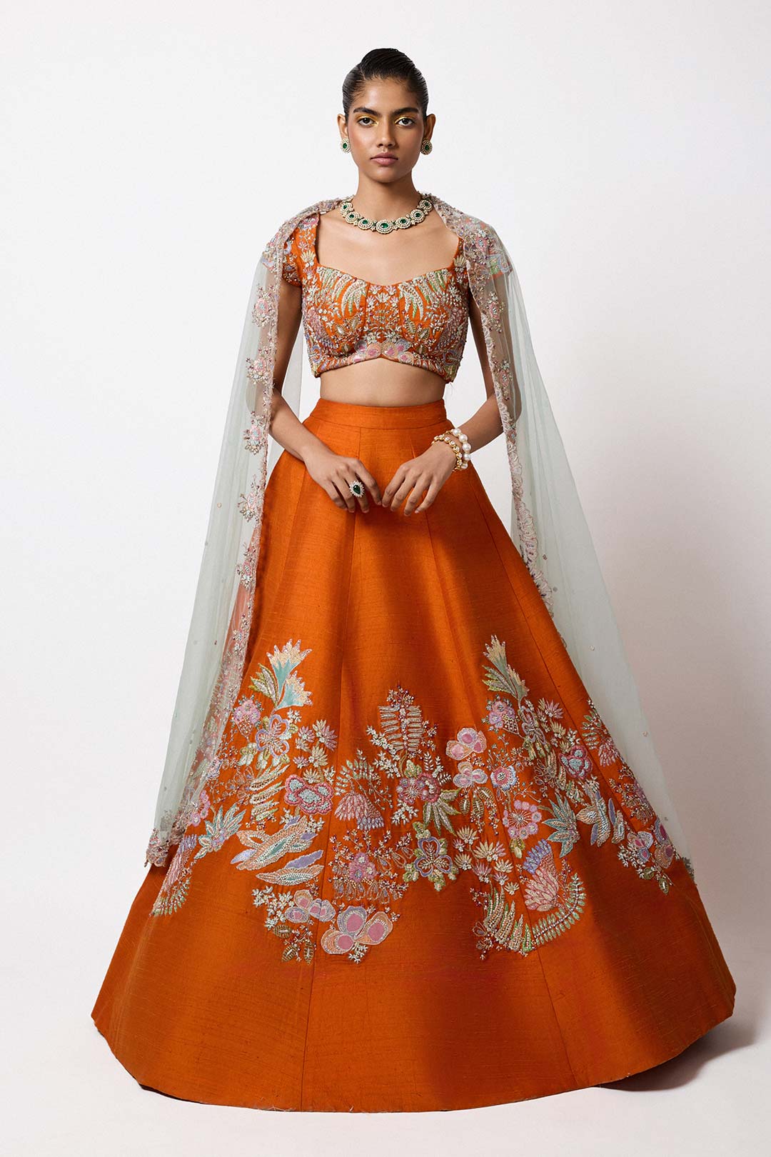 Flambea - Orange Raw Silk Lehenga