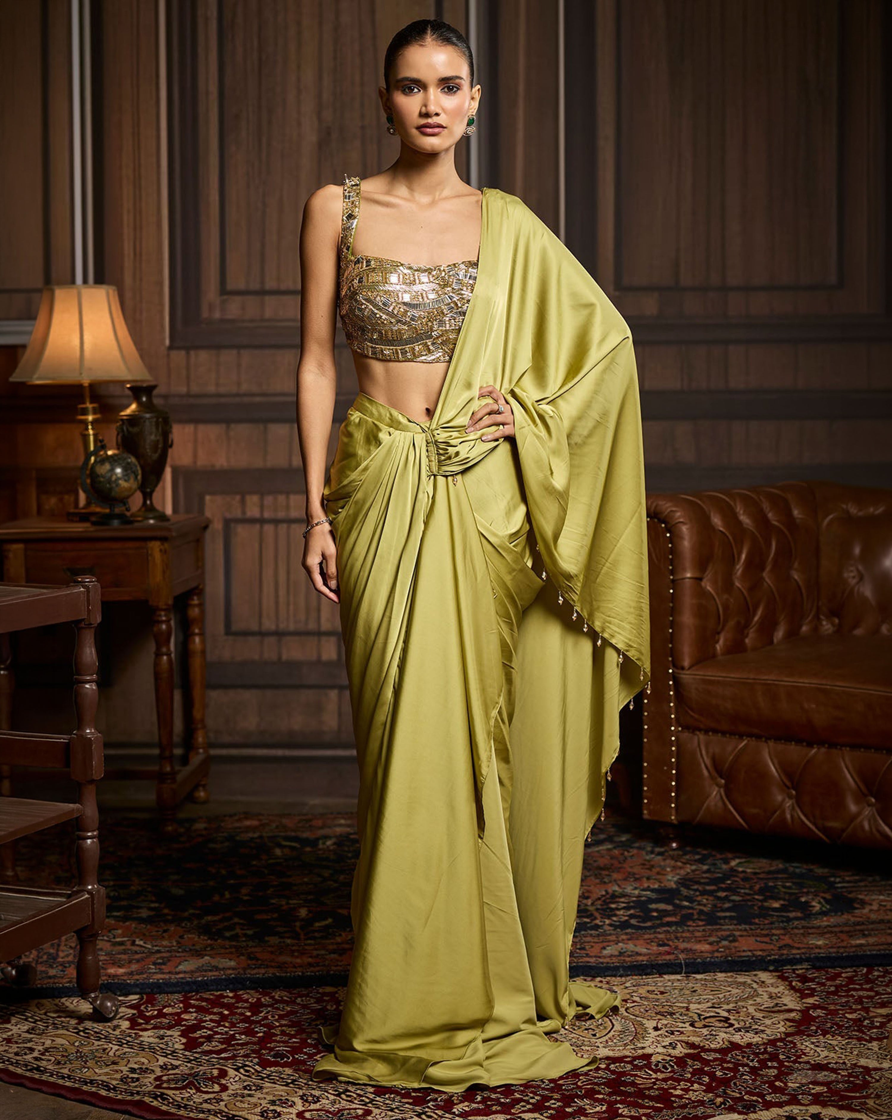 Pear Green Embroidered Blouse And Pre Draped Saree Set