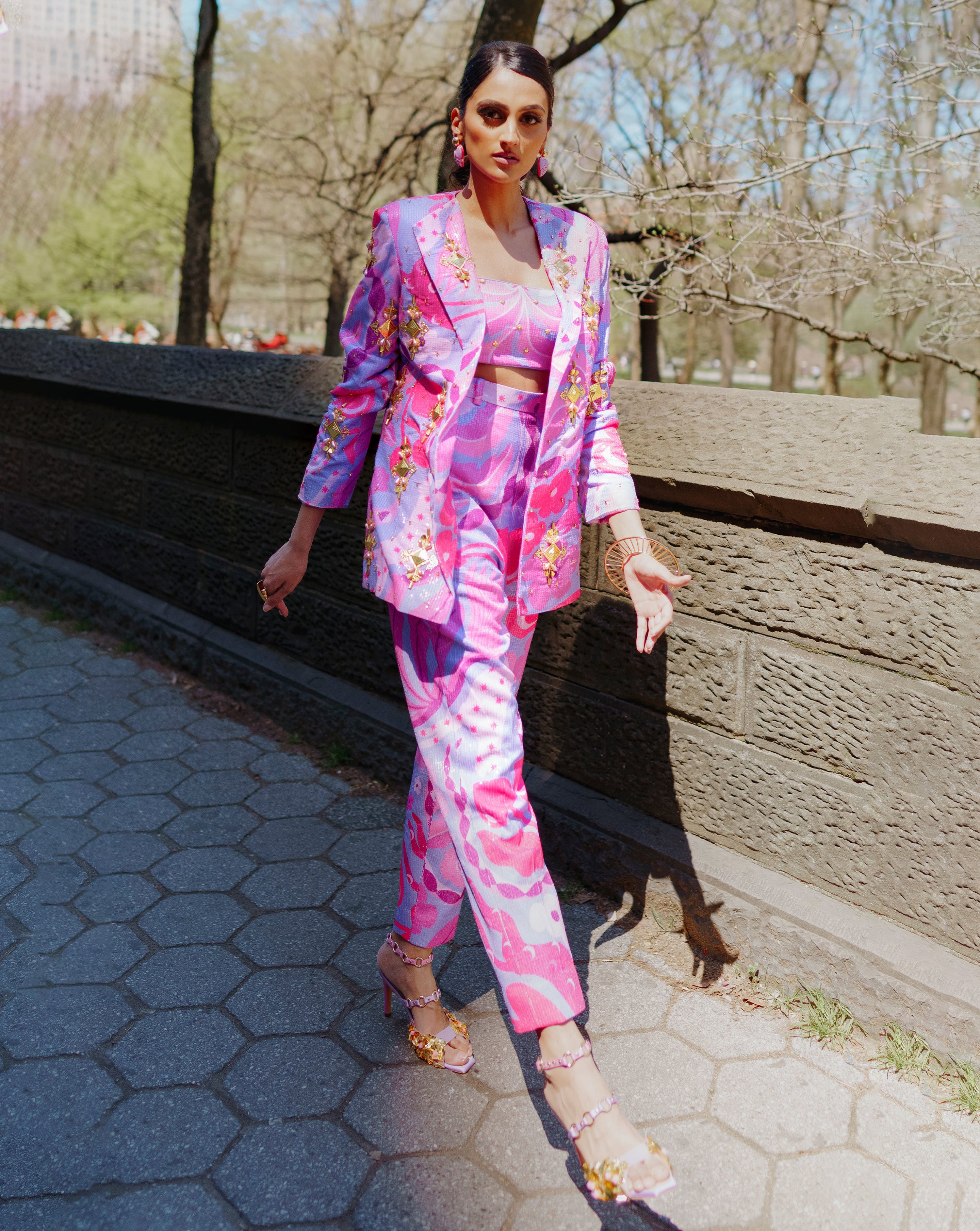 Living Coral - Lilac And Hot Pink Sequin Printed Pant Suit Set