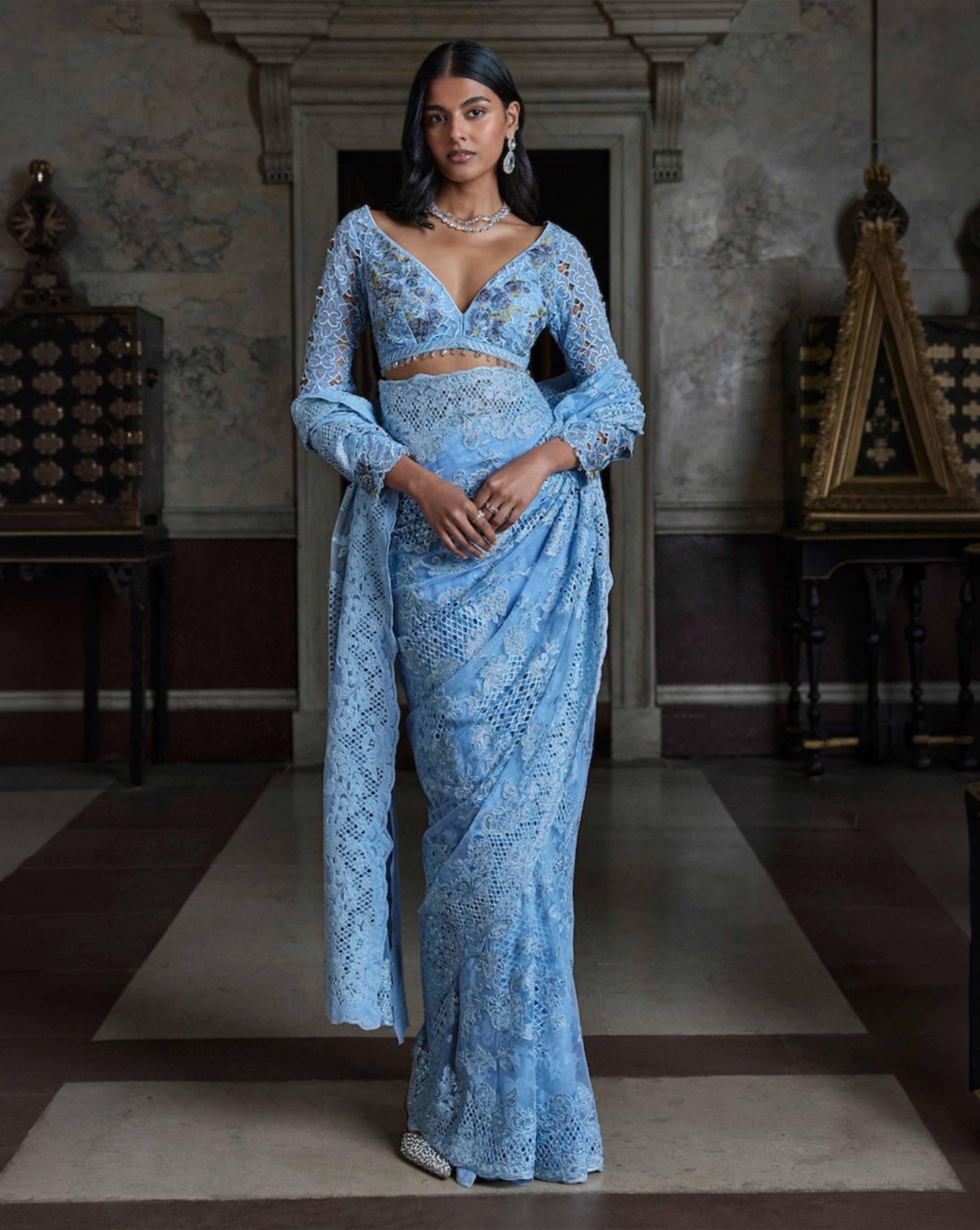 Powder Blue Thread Work Saree