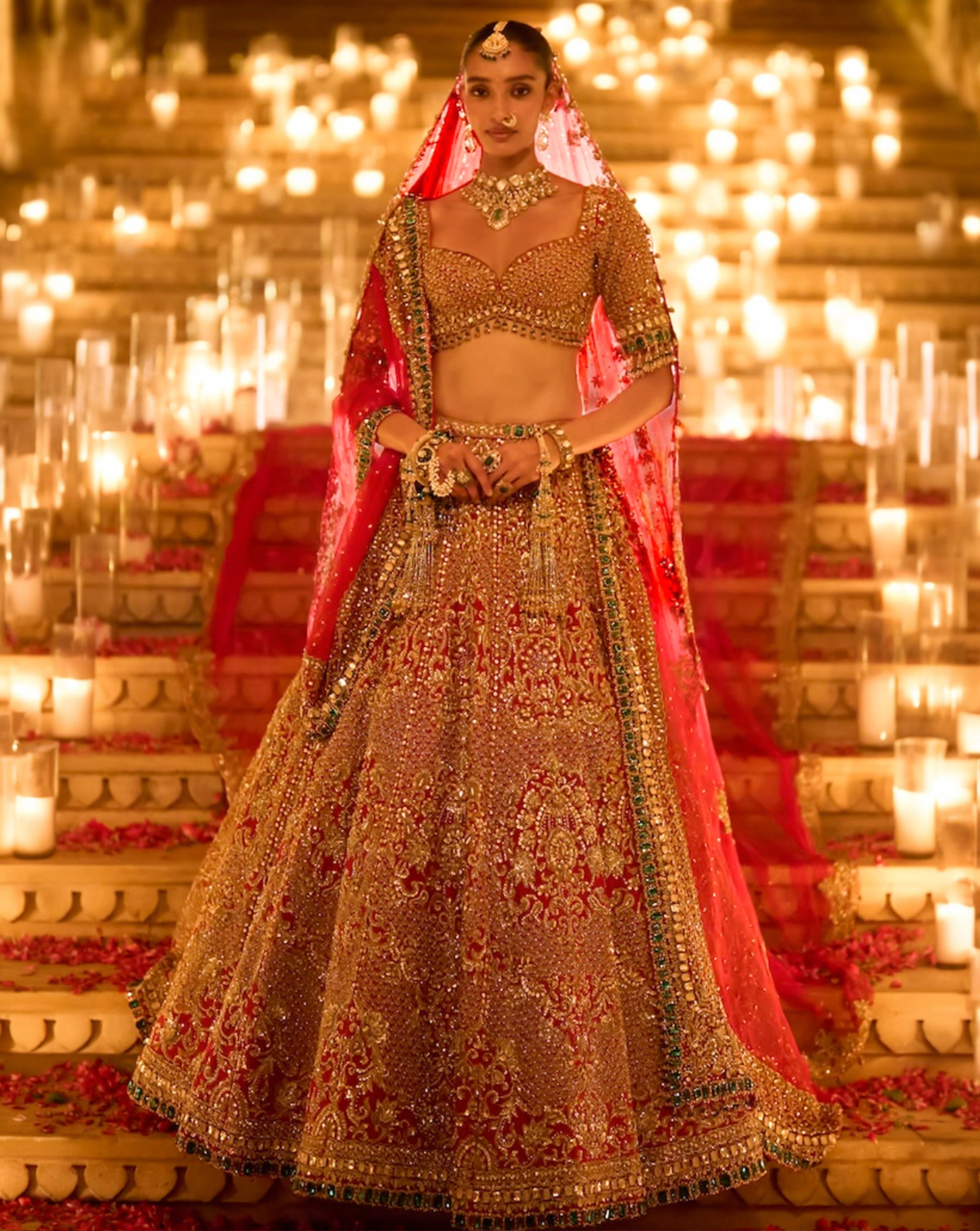 Red & Emerald Zardosi Lehenga Set