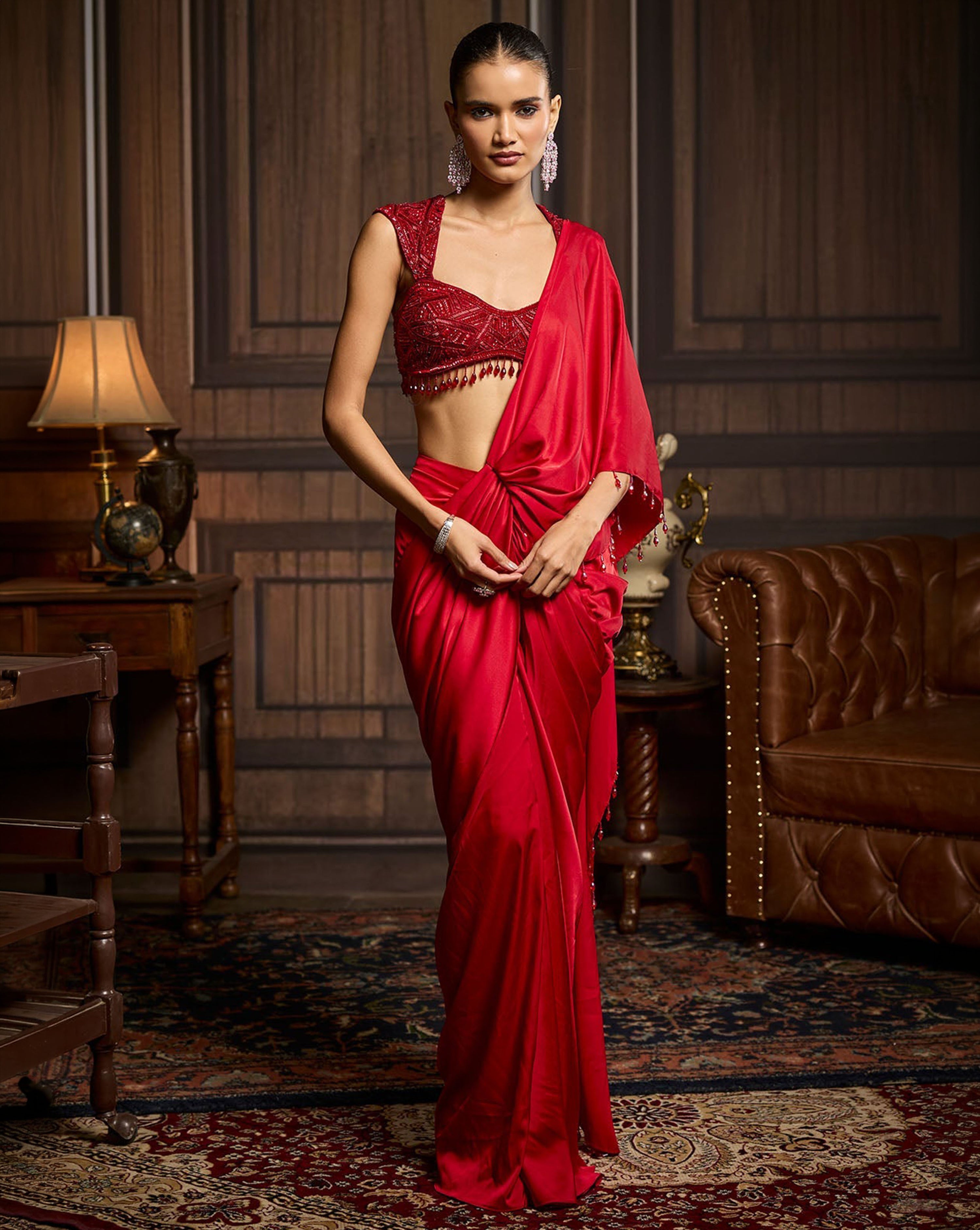Red Embellished Blouse And Pre-Draped Dhoti Saree Set