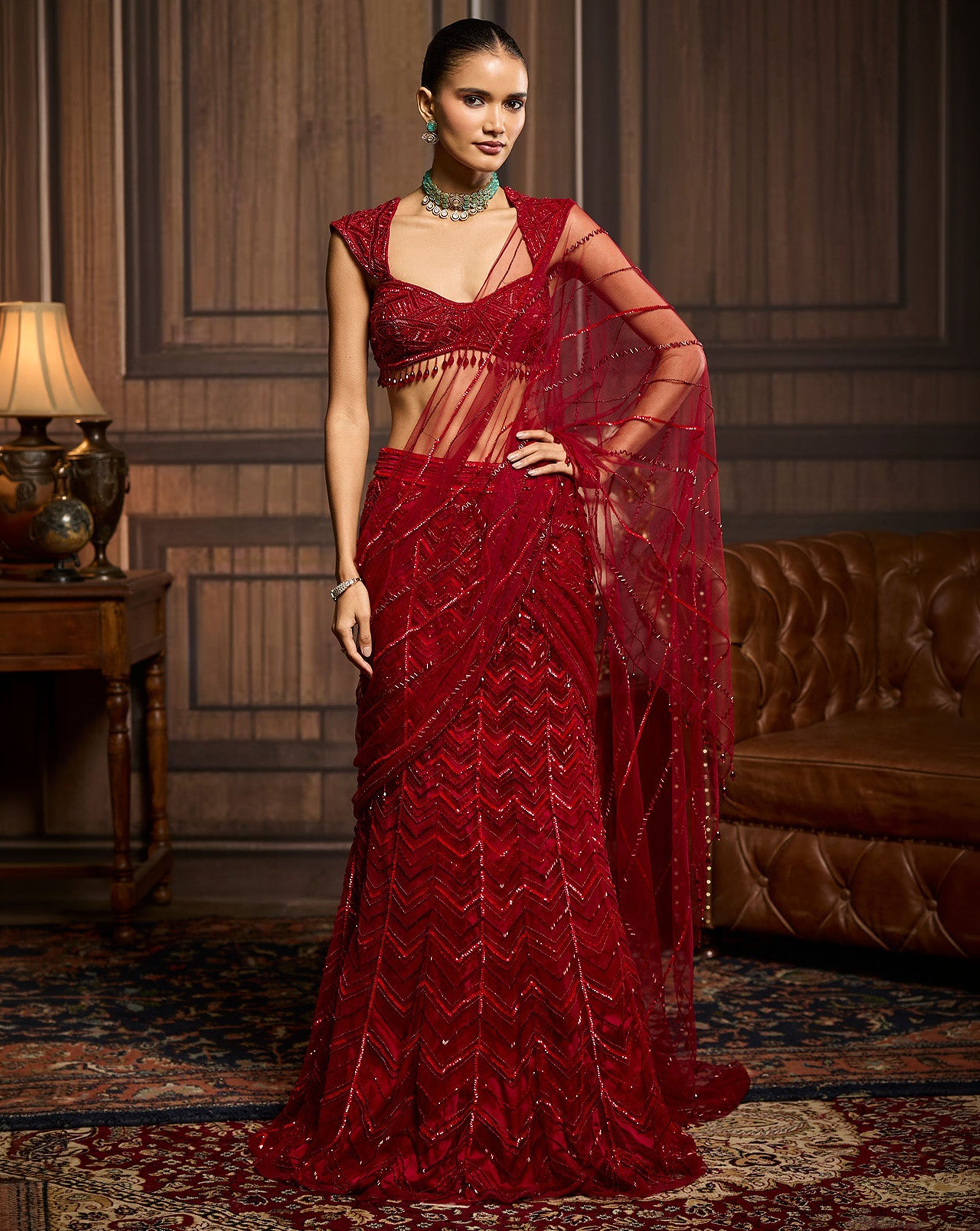 Red Embellished Draped Pre-Draped Skirt Saree Set