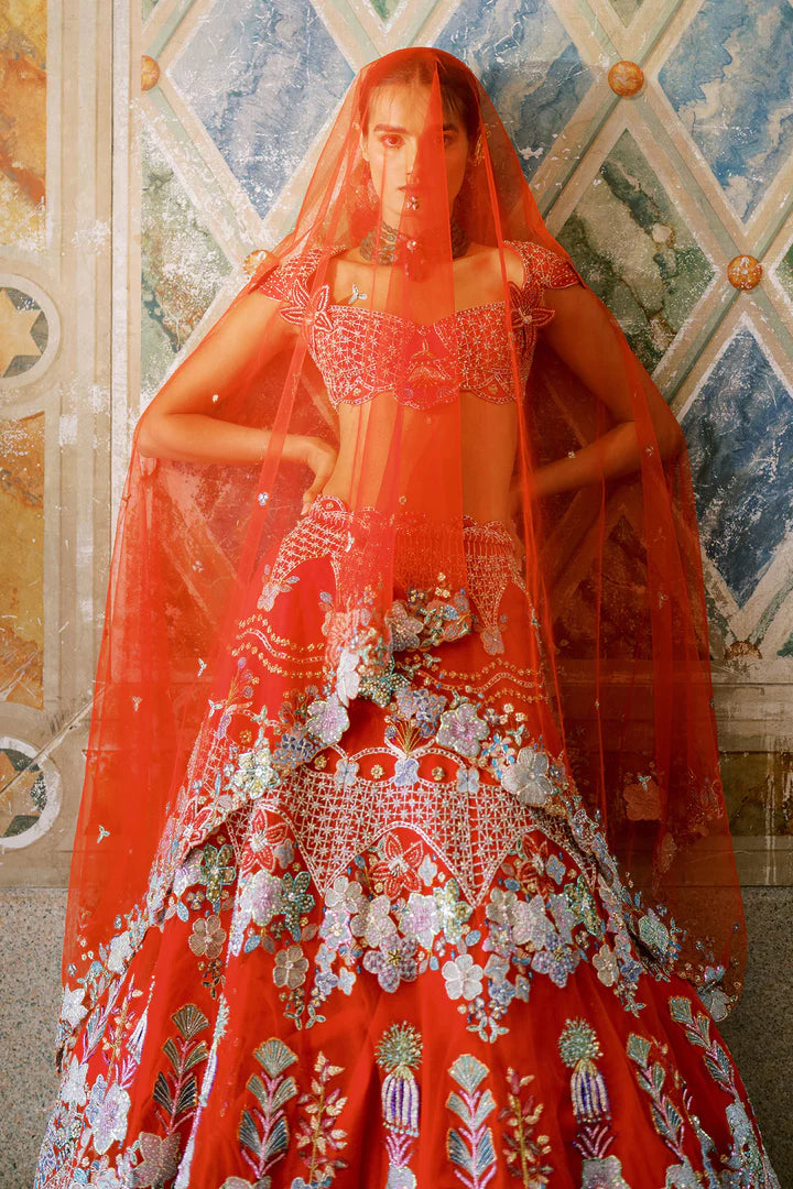 Bryelle - Rosso Corsa Red Tulle Lehenga - Ready to Ship