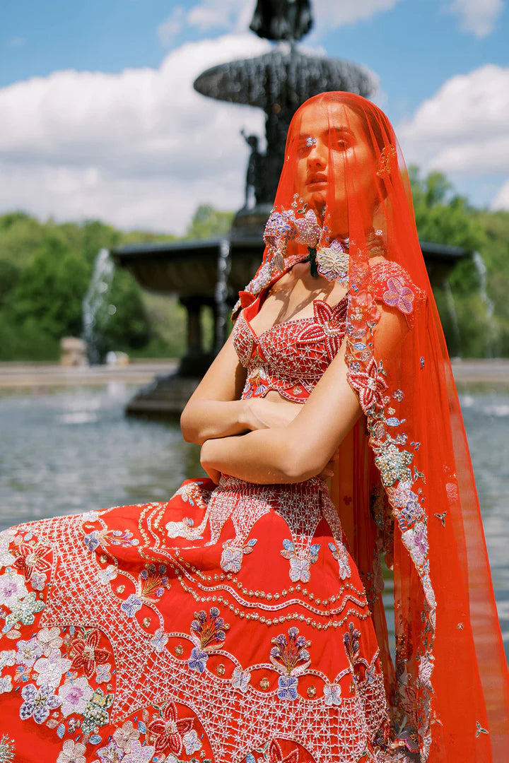 Bryelle - Rosso Corsa Red Tulle Lehenga - Ready to Ship