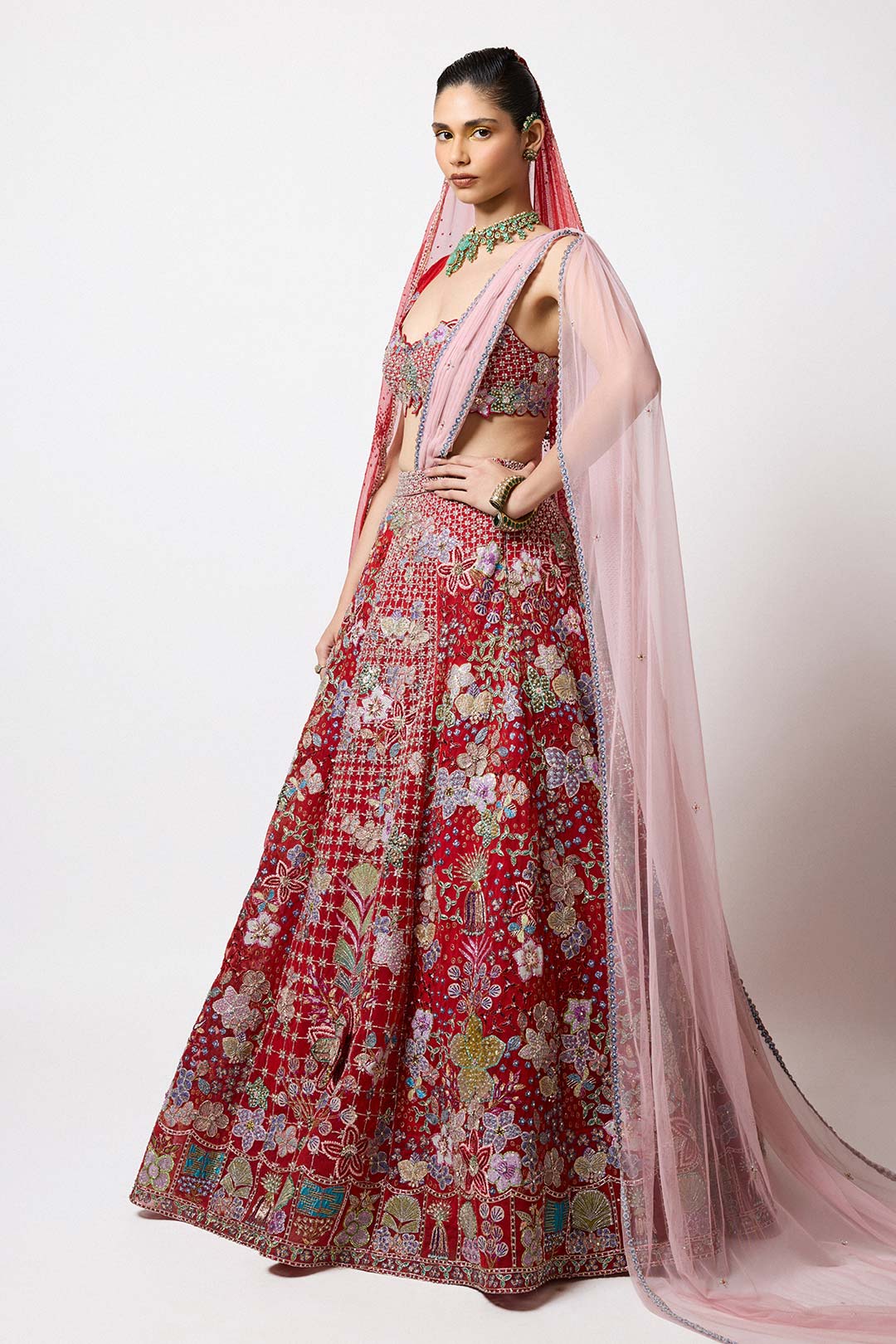 Lilivane - Red Tulle Lehenga