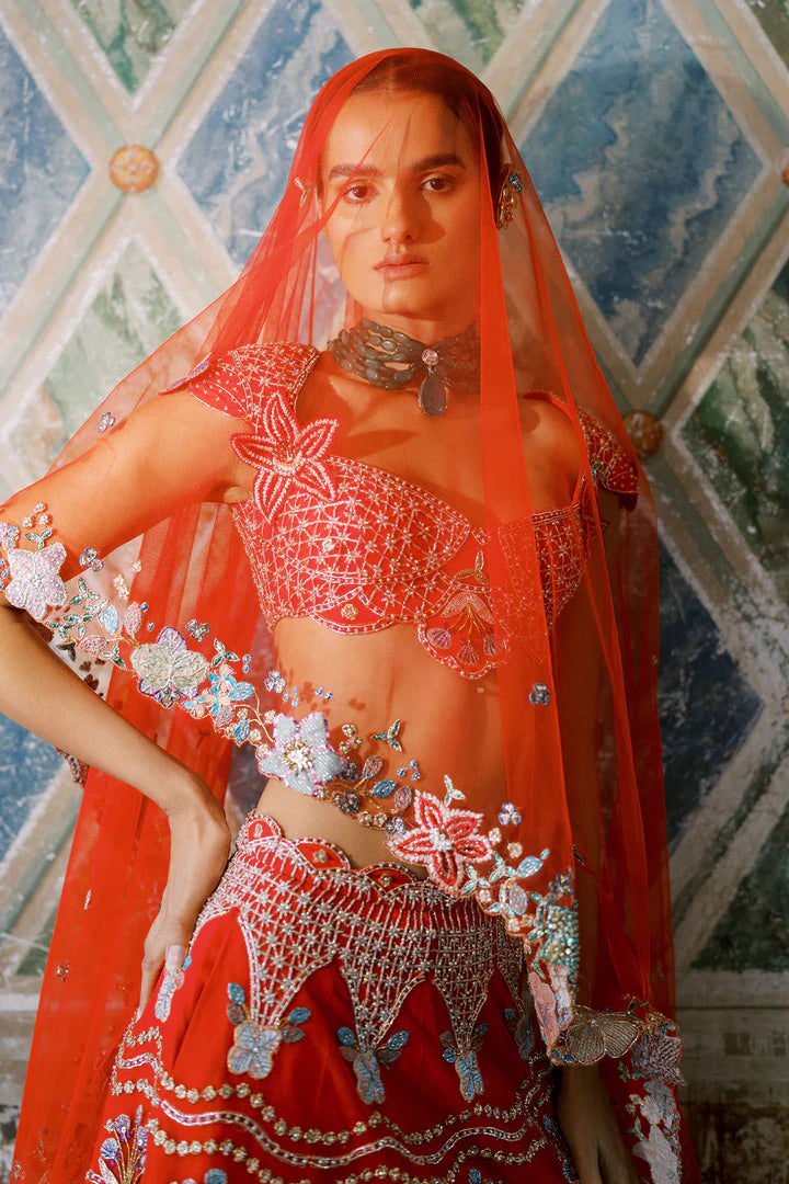 Bryelle - Rosso Corsa Red Tulle Lehenga - Ready to Ship