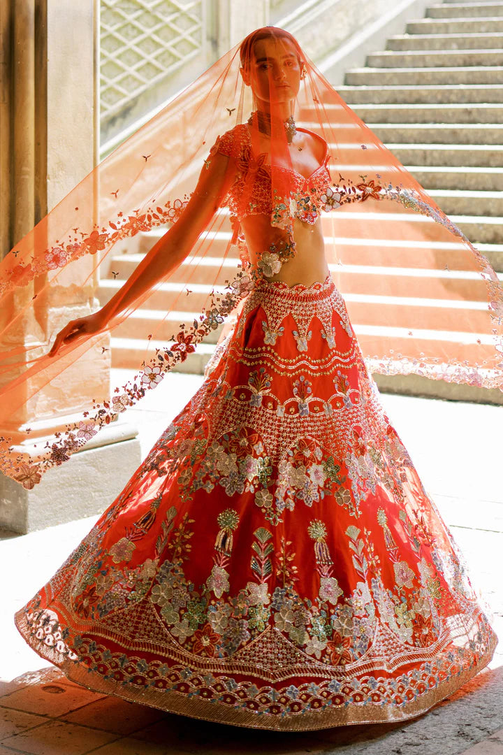 Bryelle - Rosso Corsa Red Tulle Lehenga - Ready to Ship