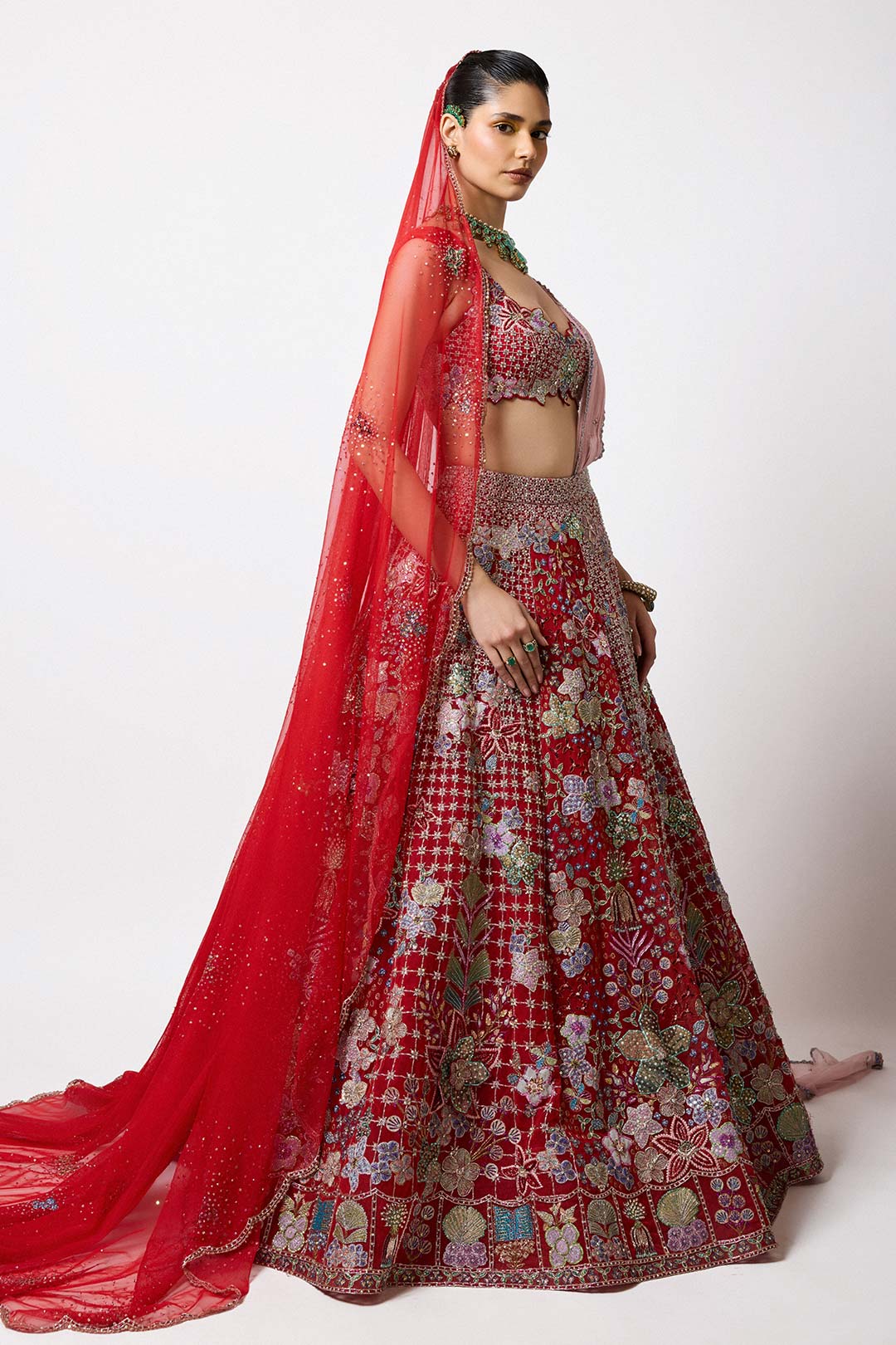 Lilivane - Red Tulle Lehenga