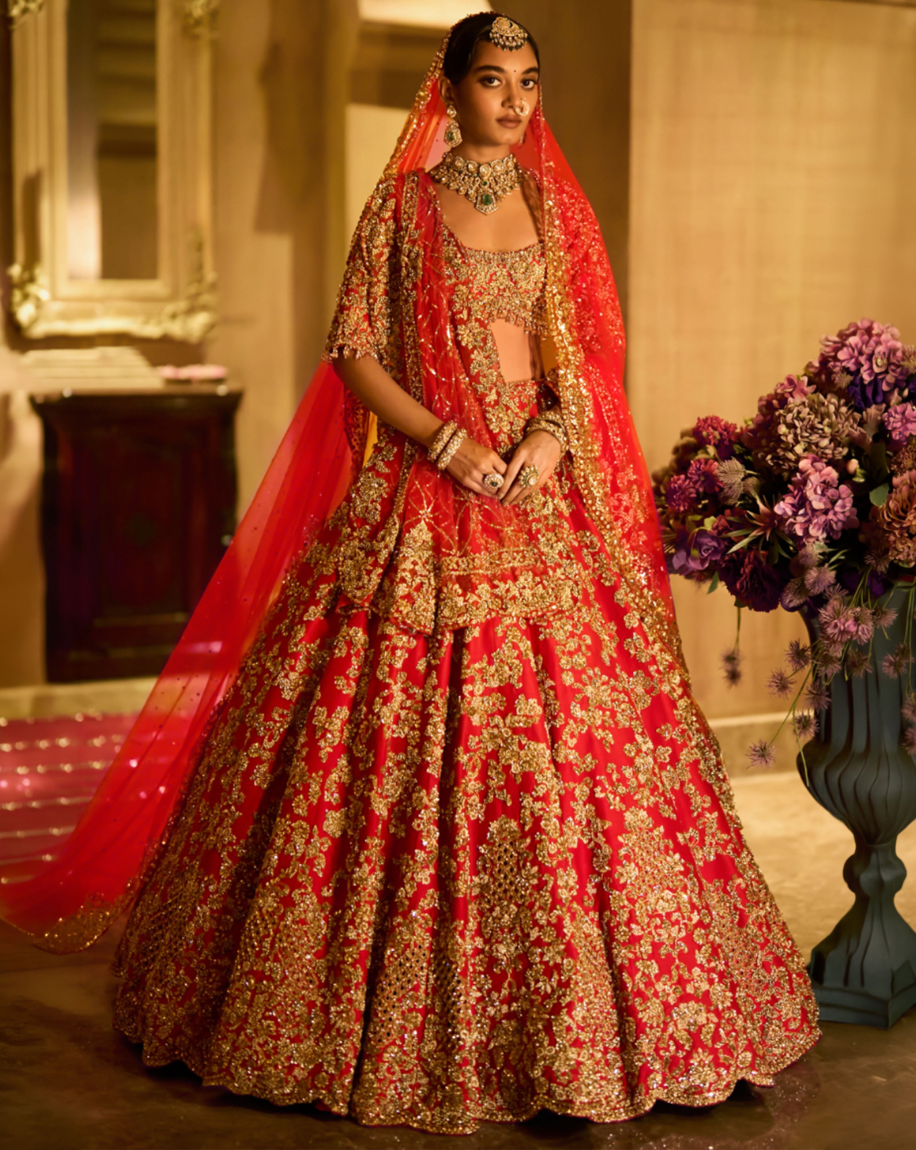 Red Zardosi Cut Work Lehenga Set