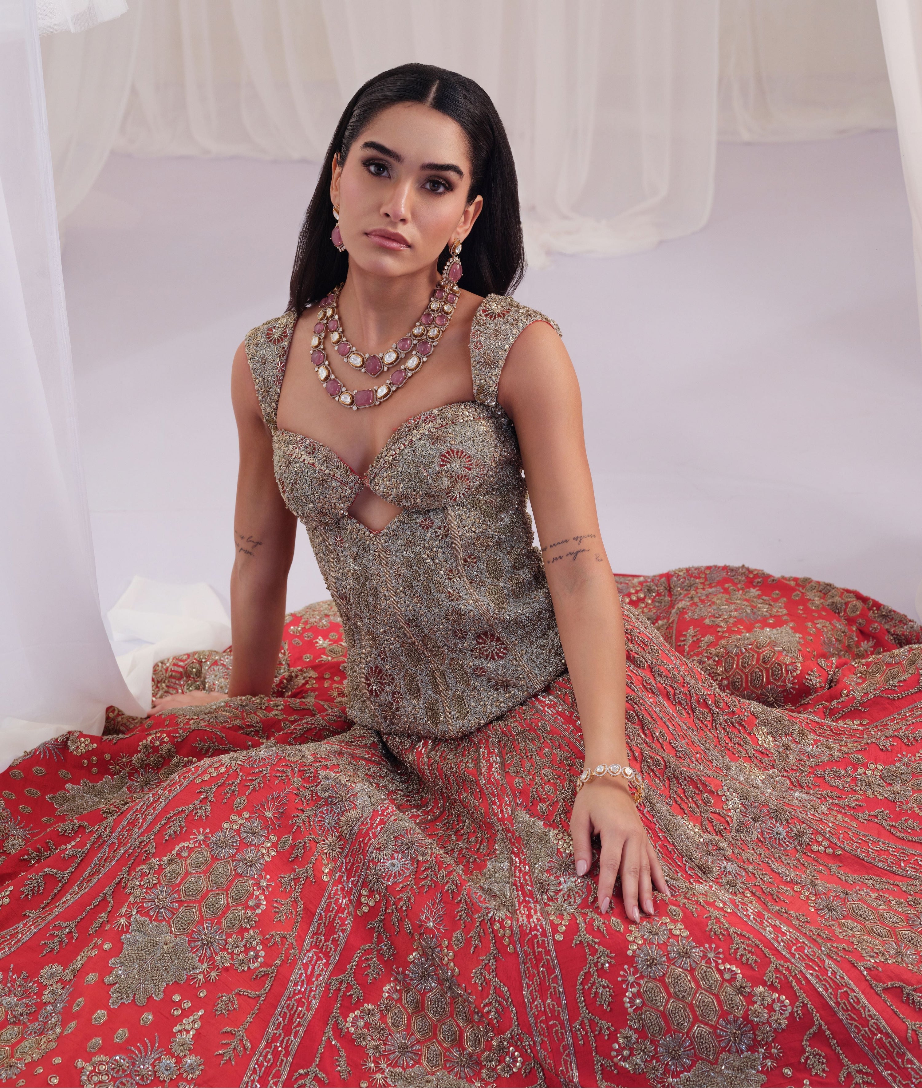 Red Hand Embellished Corset with Raw Silk Lehenga & Dupatta