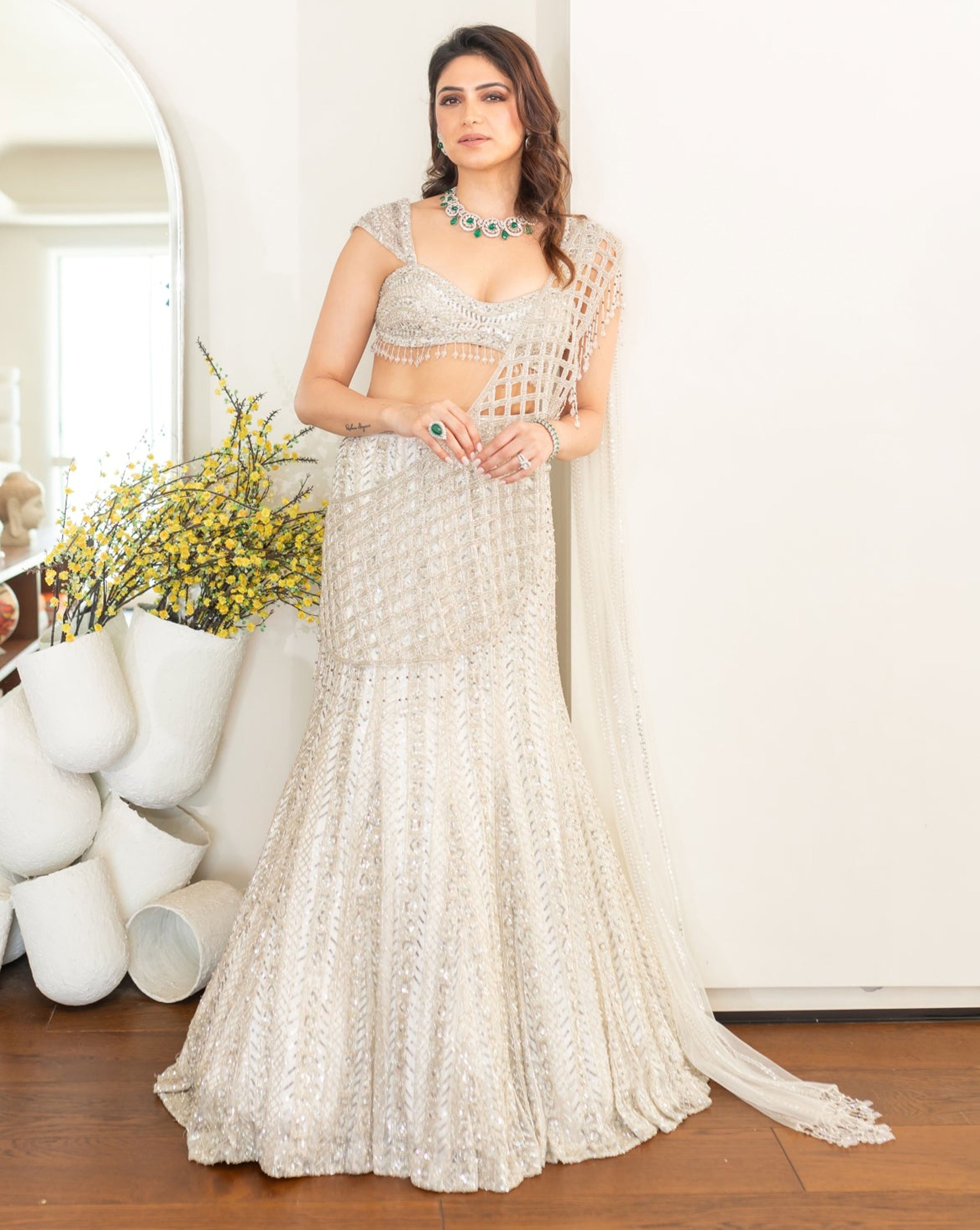 Richa Begani In Silver Embellished Mermaid Skirt Saree Set