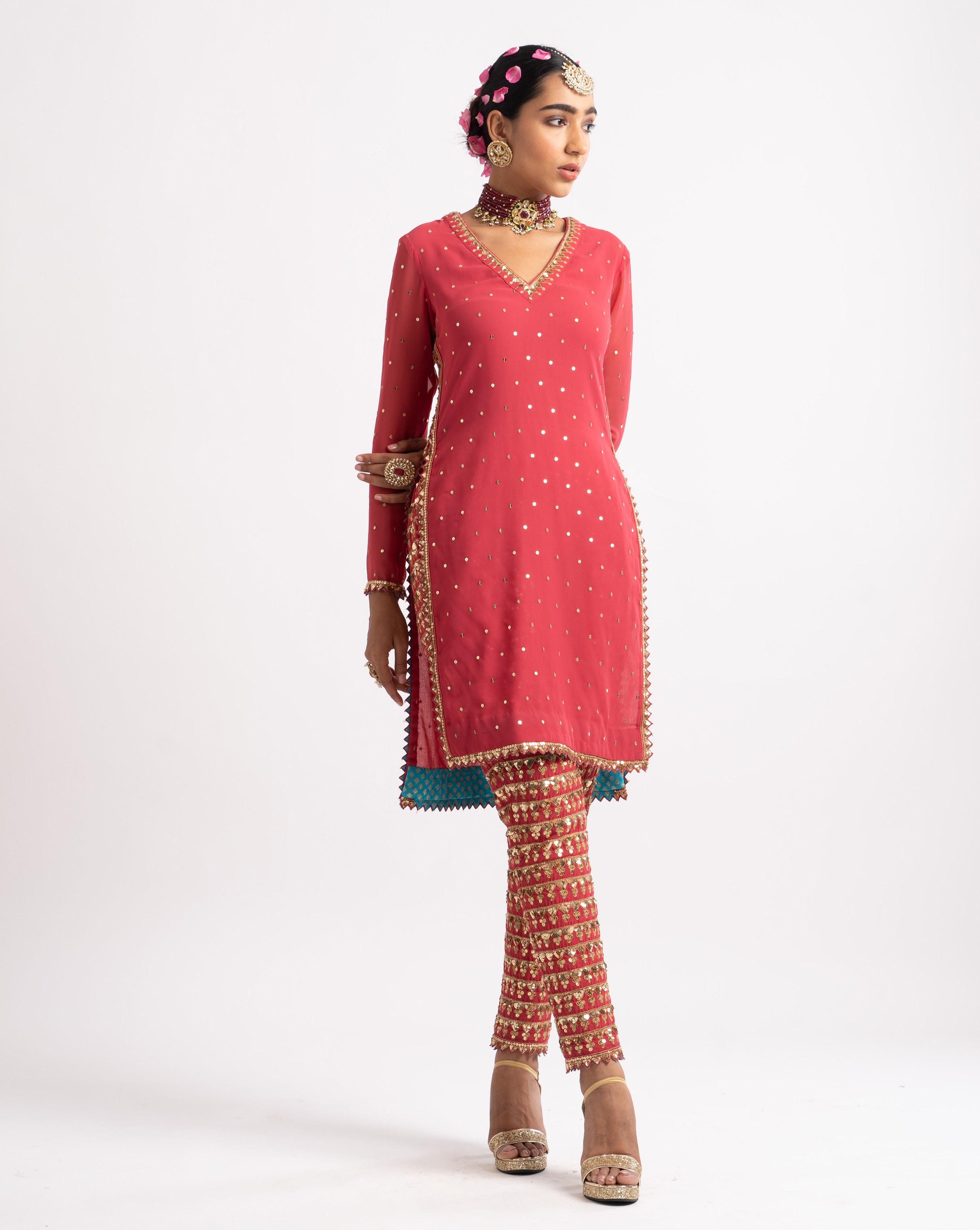 Deep Coral V Neck Heavy Pant Kurta Set