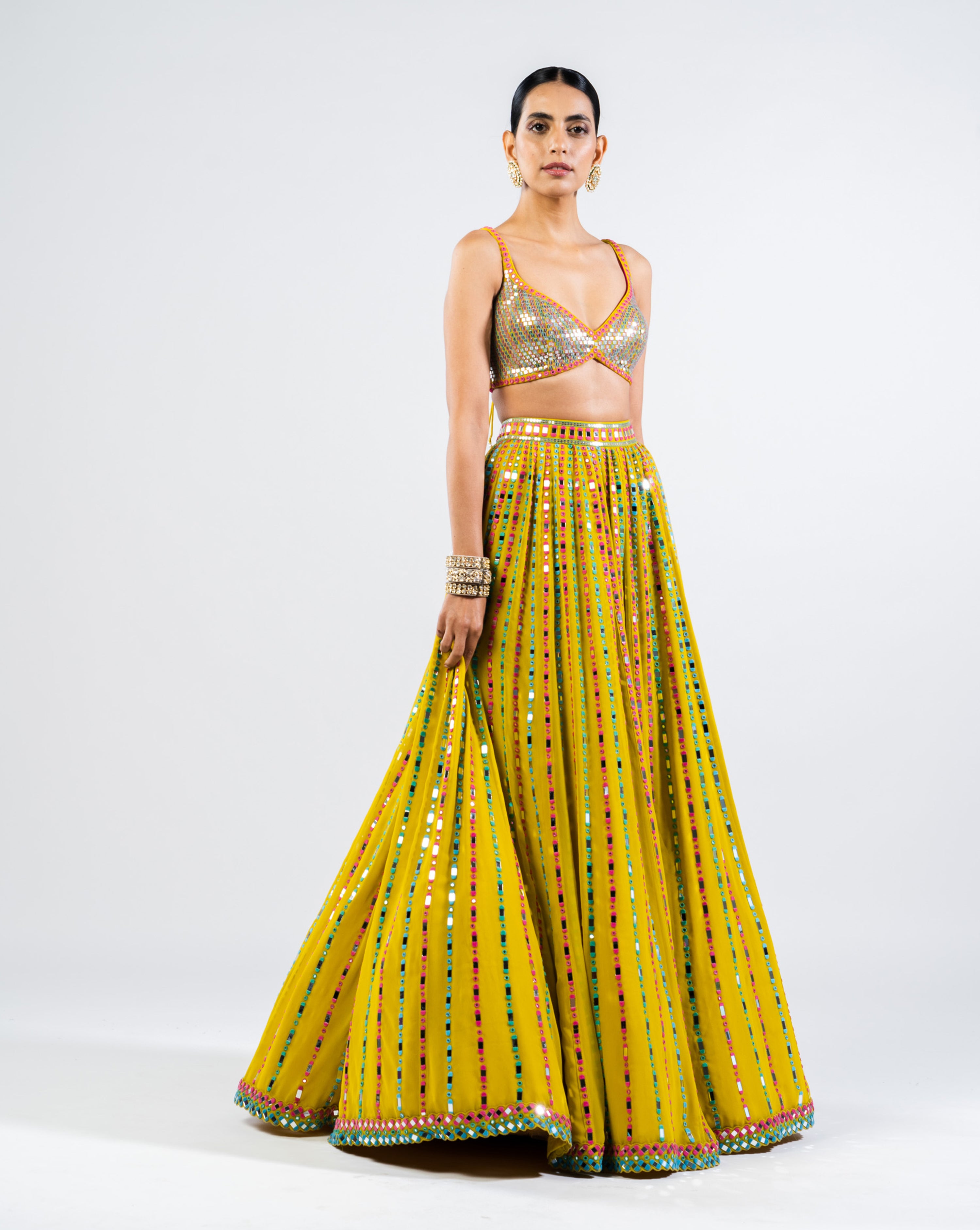 Moss Green Linear Drop Lehenga With Metallic Blouse