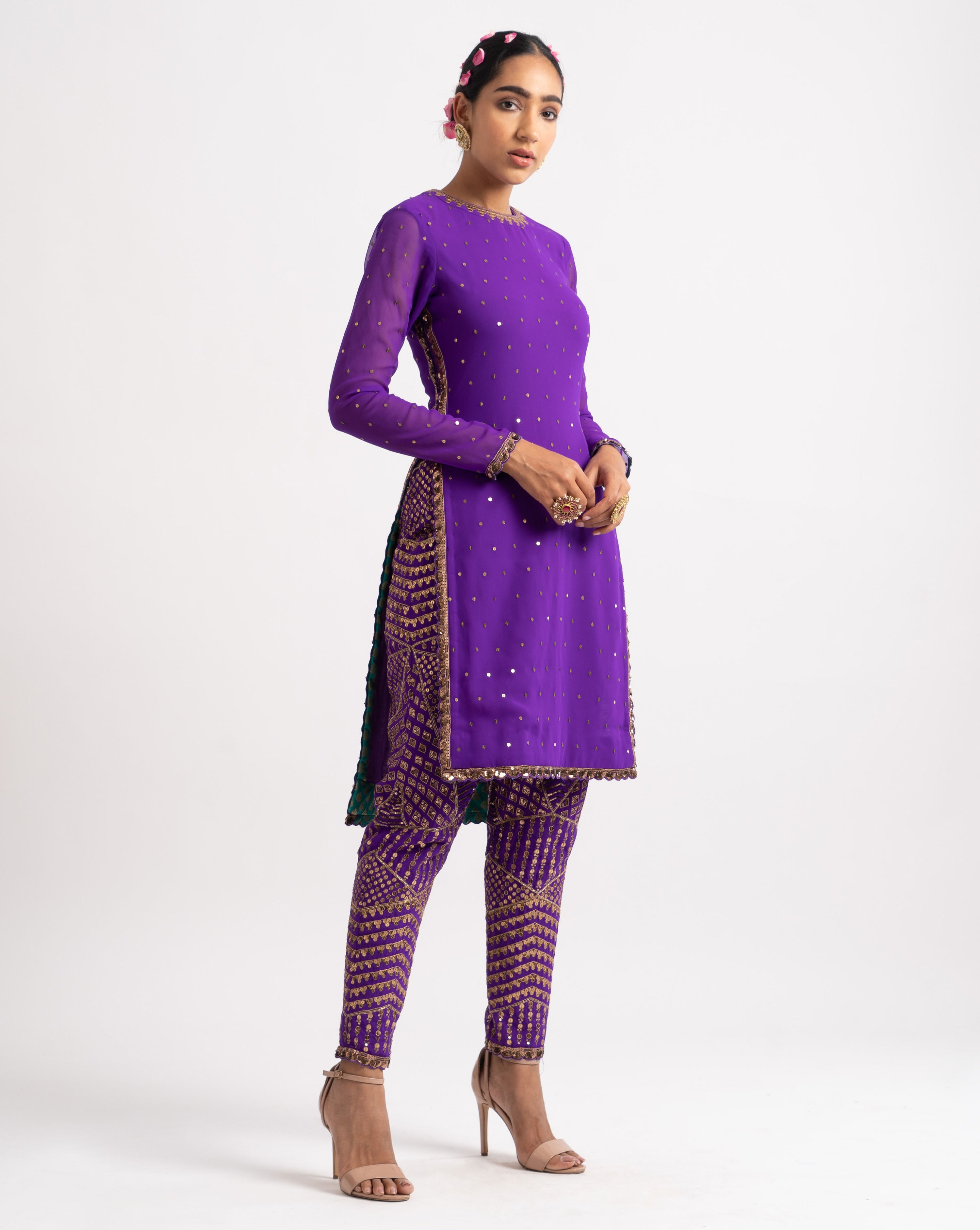 Purple Round Neck Multi Geo Pant Kurta Set