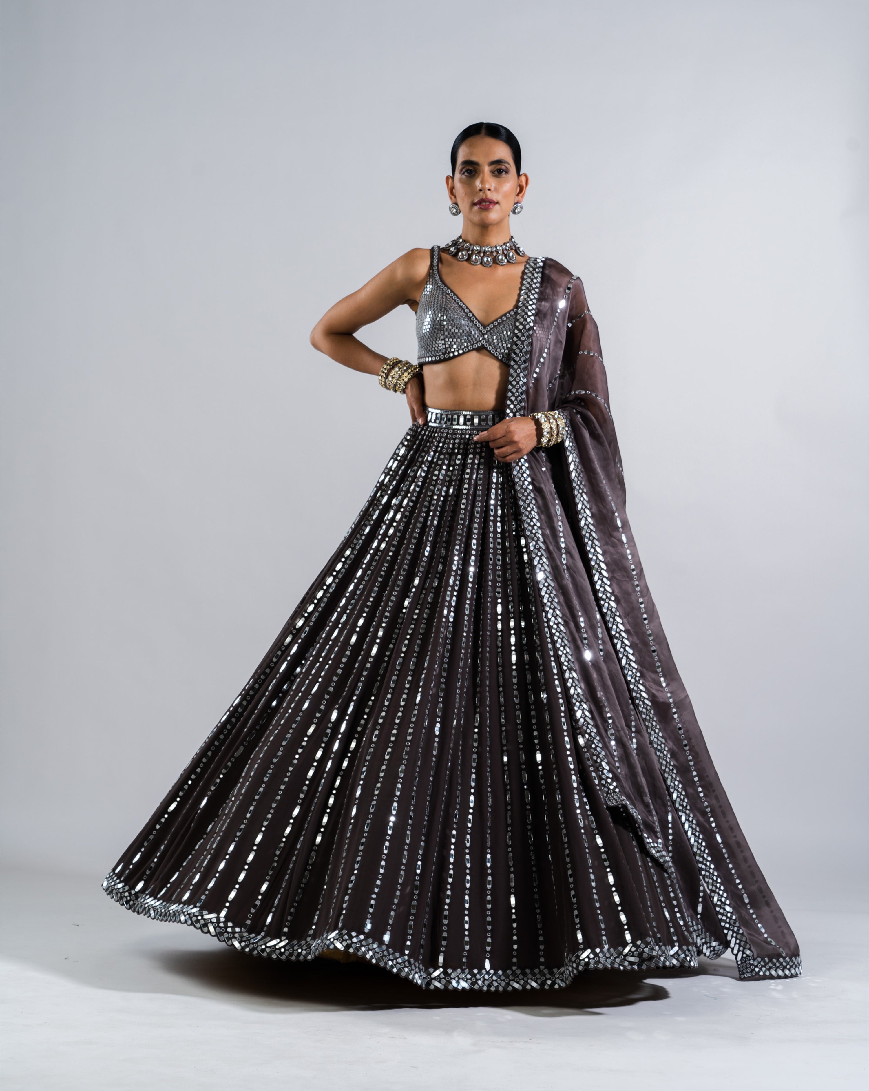 Charcoal Grey Linear Drop Lehenga With Metallic Blouse