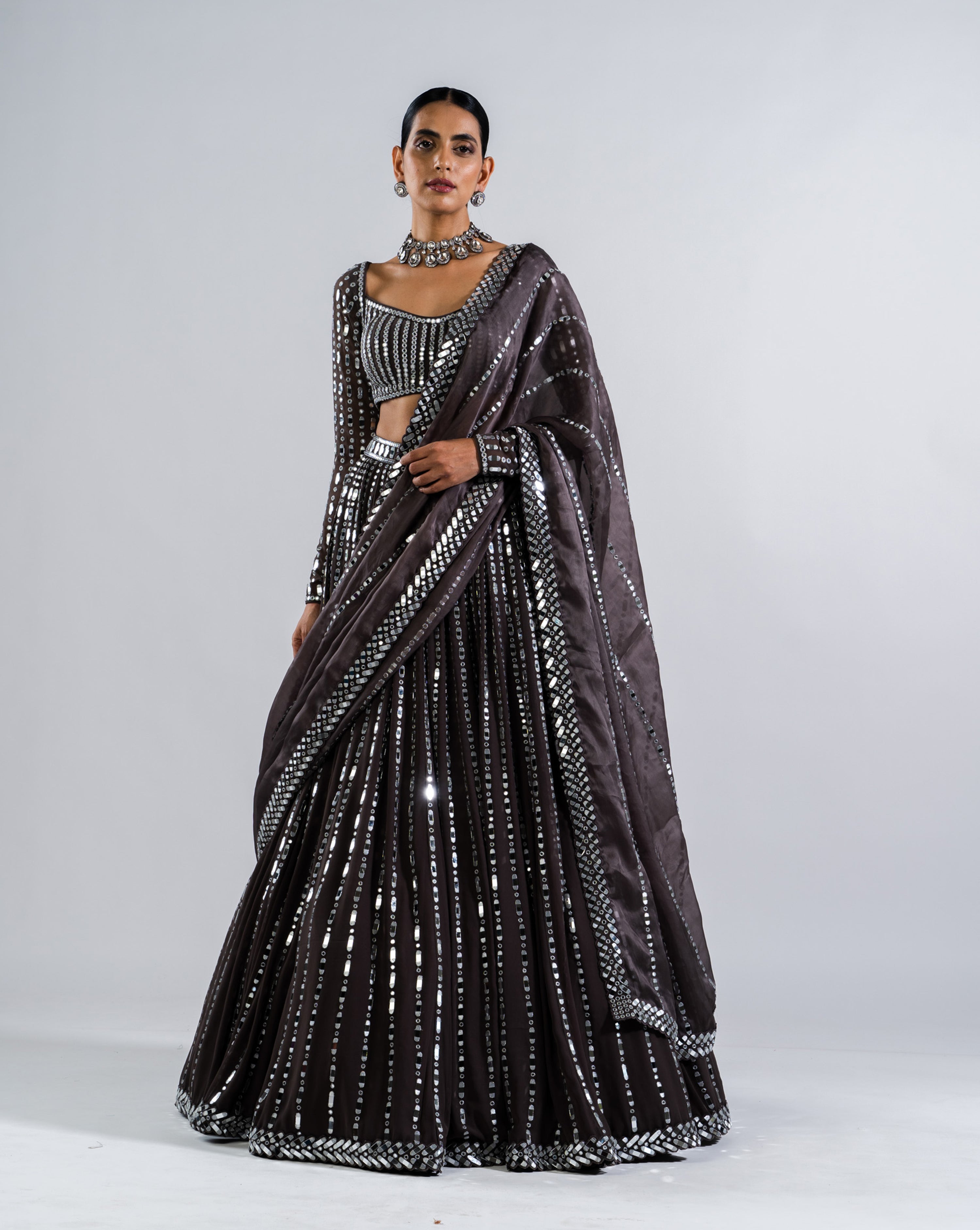 Charcoal Grey Linear Drop Lehenga Set