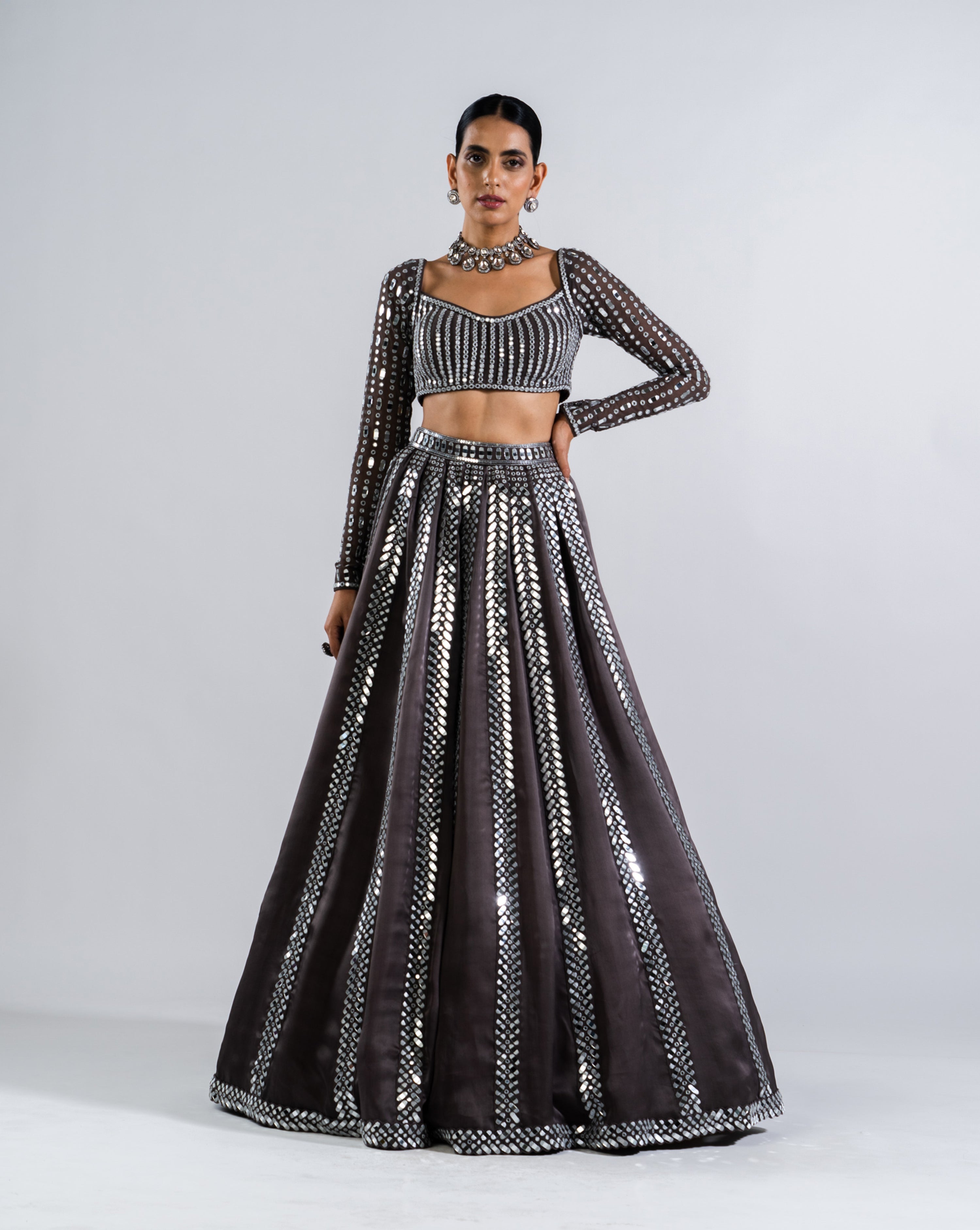 Charcoal Grey Mirror Seam Lehenga Set