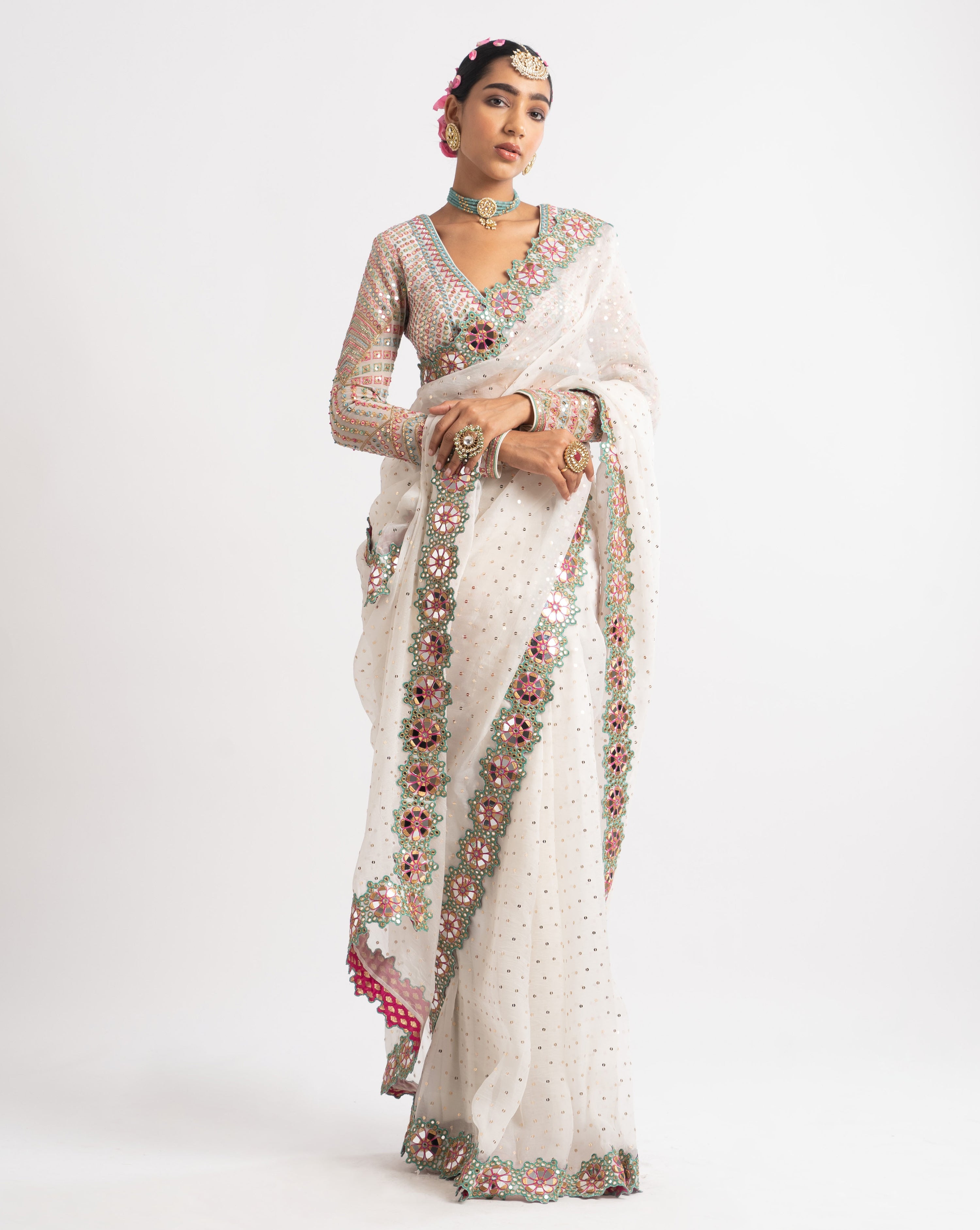 White Hand Cut Mirror Border Saree Set